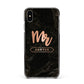 Personalised Rose Gold Mr Surname Marble Apple iPhone Xs Max Impact Case Black Edge on Silver Phone