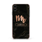 Personalised Rose Gold Mr Surname Marble Apple iPhone Xs Max Impact Case Pink Edge on Black Phone