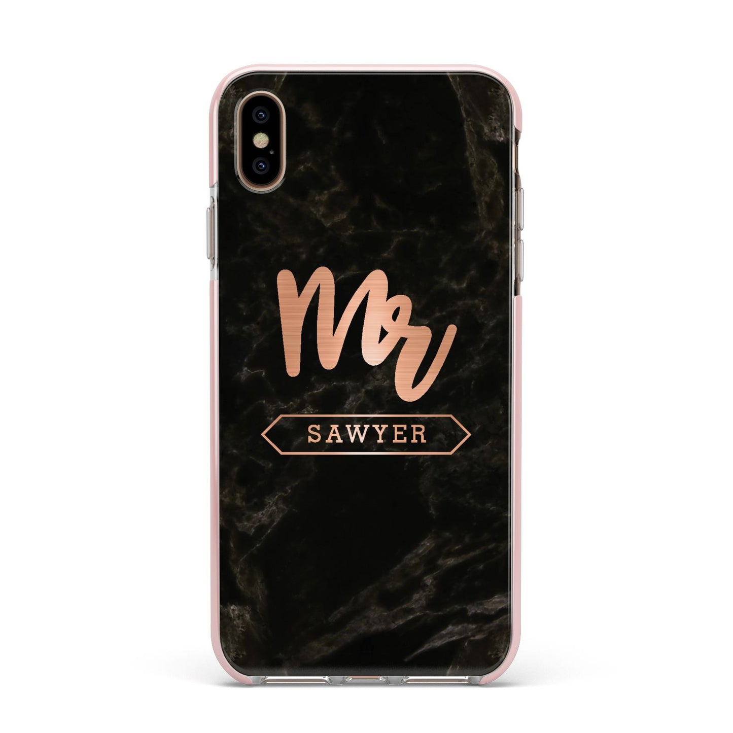 Personalised Rose Gold Mr Surname Marble Apple iPhone Xs Max Impact Case Pink Edge on Gold Phone