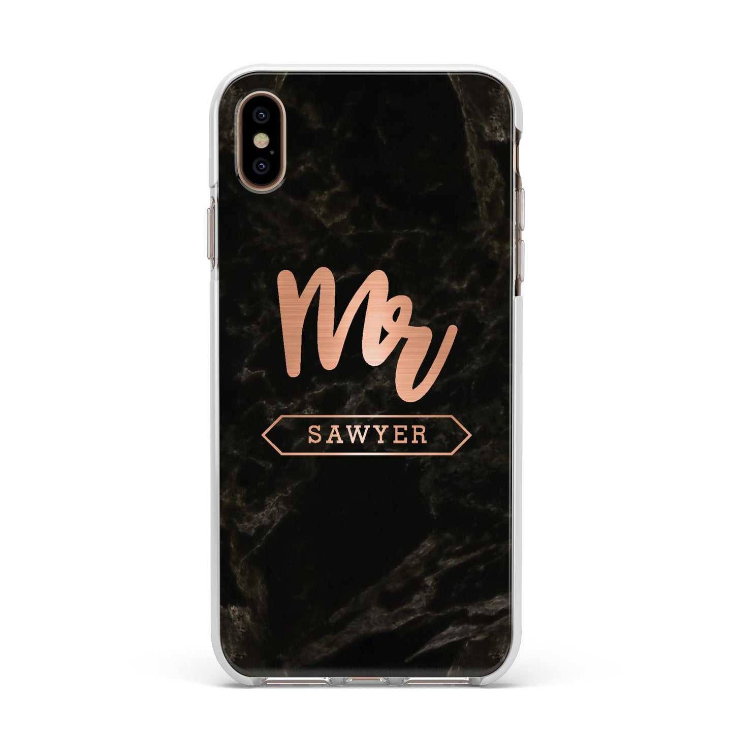 Personalised Rose Gold Mr Surname Marble Apple iPhone Xs Max Impact Case White Edge on Gold Phone