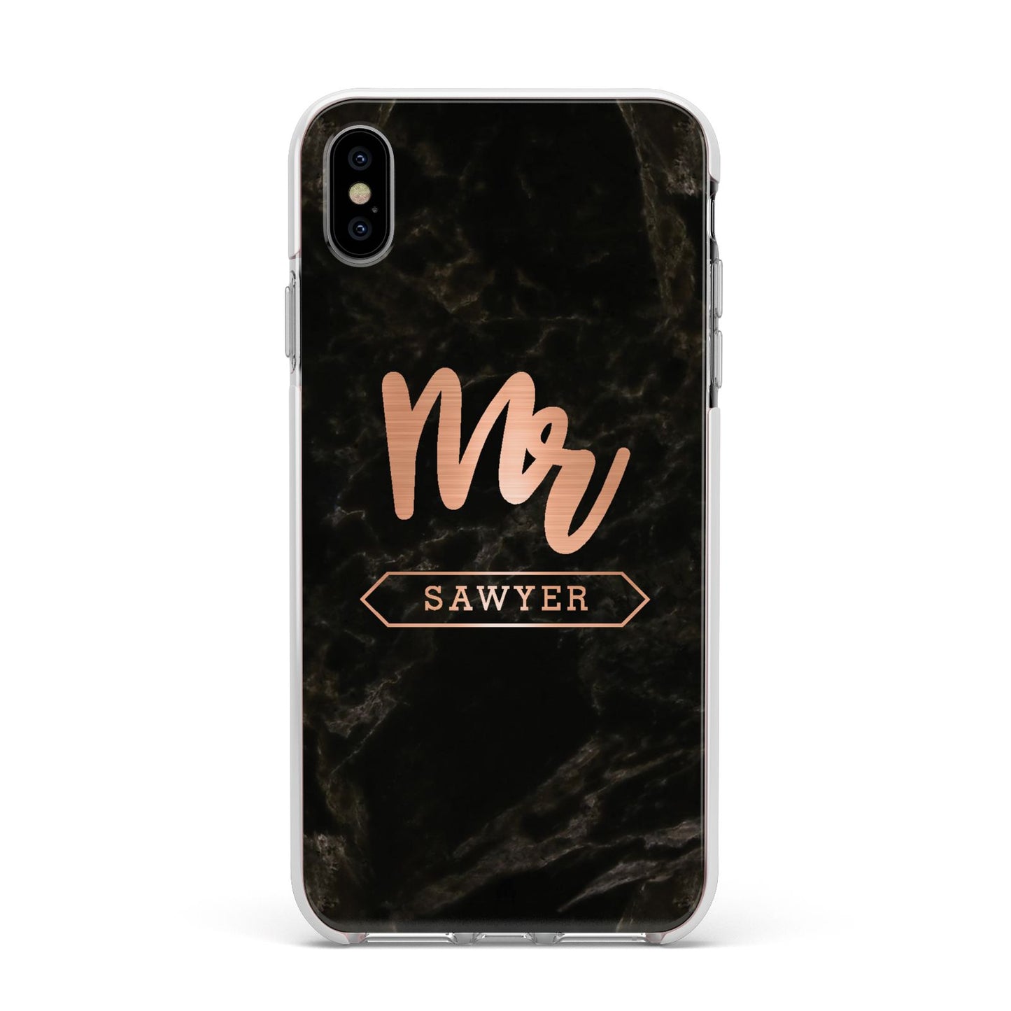 Personalised Rose Gold Mr Surname Marble Apple iPhone Xs Max Impact Case White Edge on Silver Phone