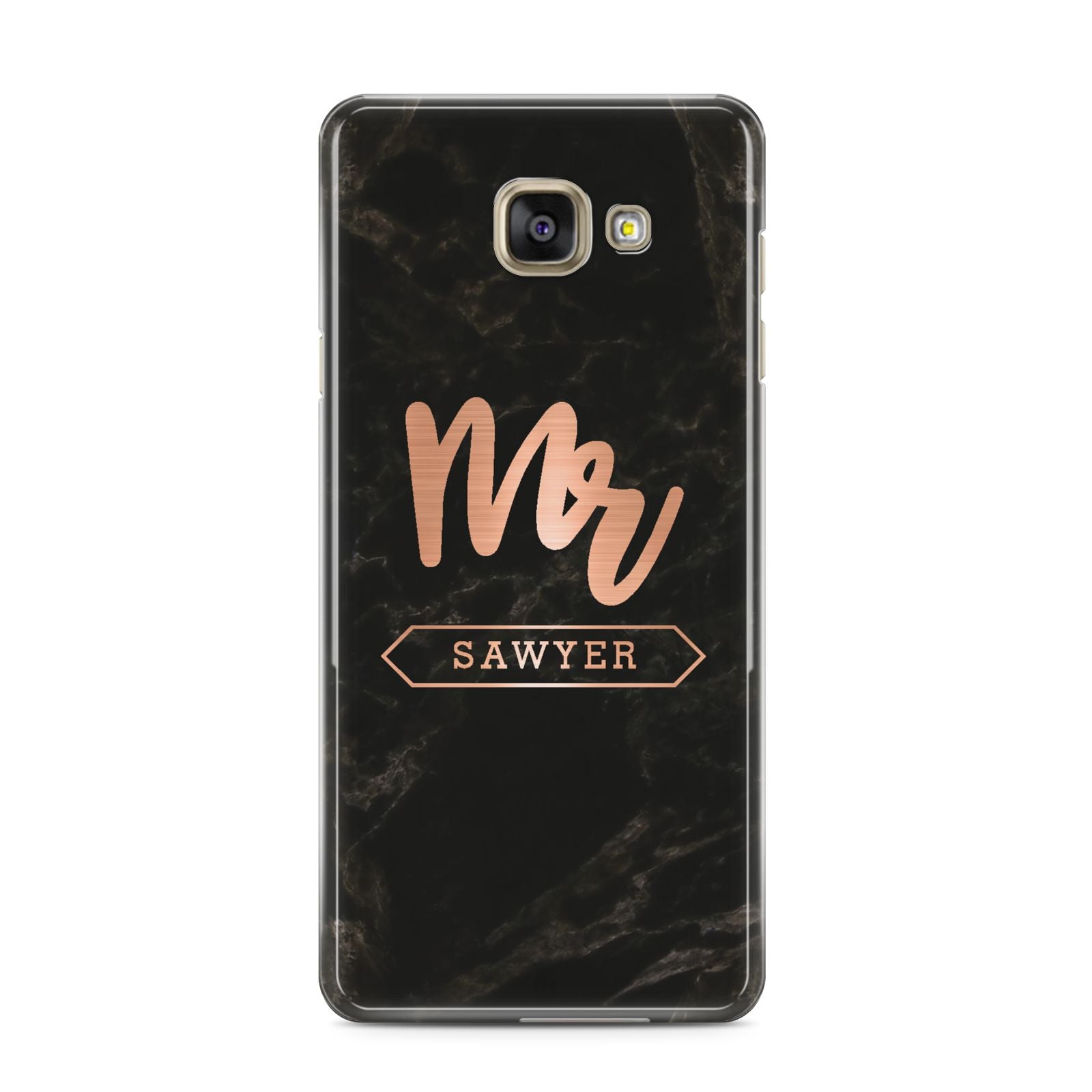 Personalised Rose Gold Mr Surname Marble Samsung Galaxy A3 2016 Case on gold phone