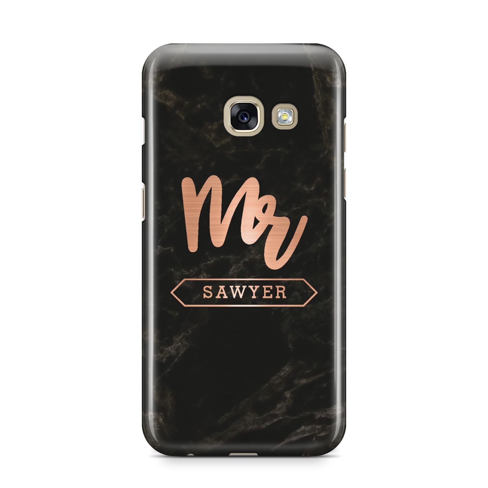 Personalised Rose Gold Mr Surname Marble Samsung Galaxy A3 2017 Case on gold phone