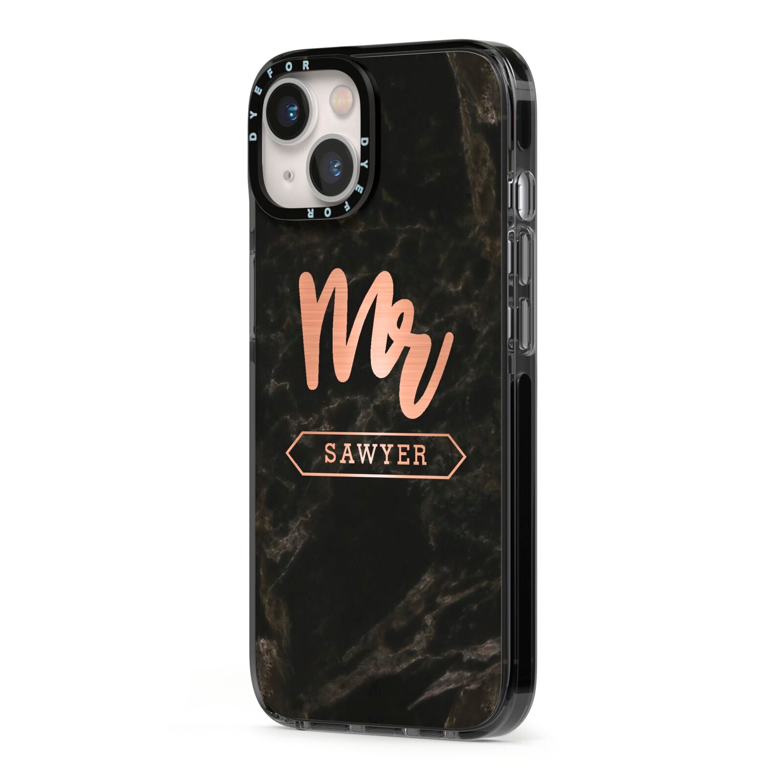 Personalised Rose Gold Mr Surname Marble iPhone 13 Black Impact Case Side Angle on Silver phone
