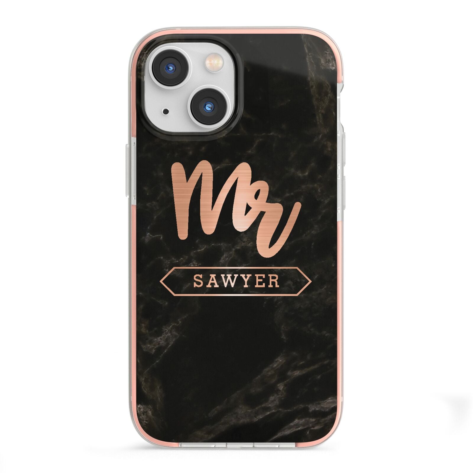 Personalised Rose Gold Mr Surname Marble iPhone 13 Mini TPU Impact Case with Pink Edges