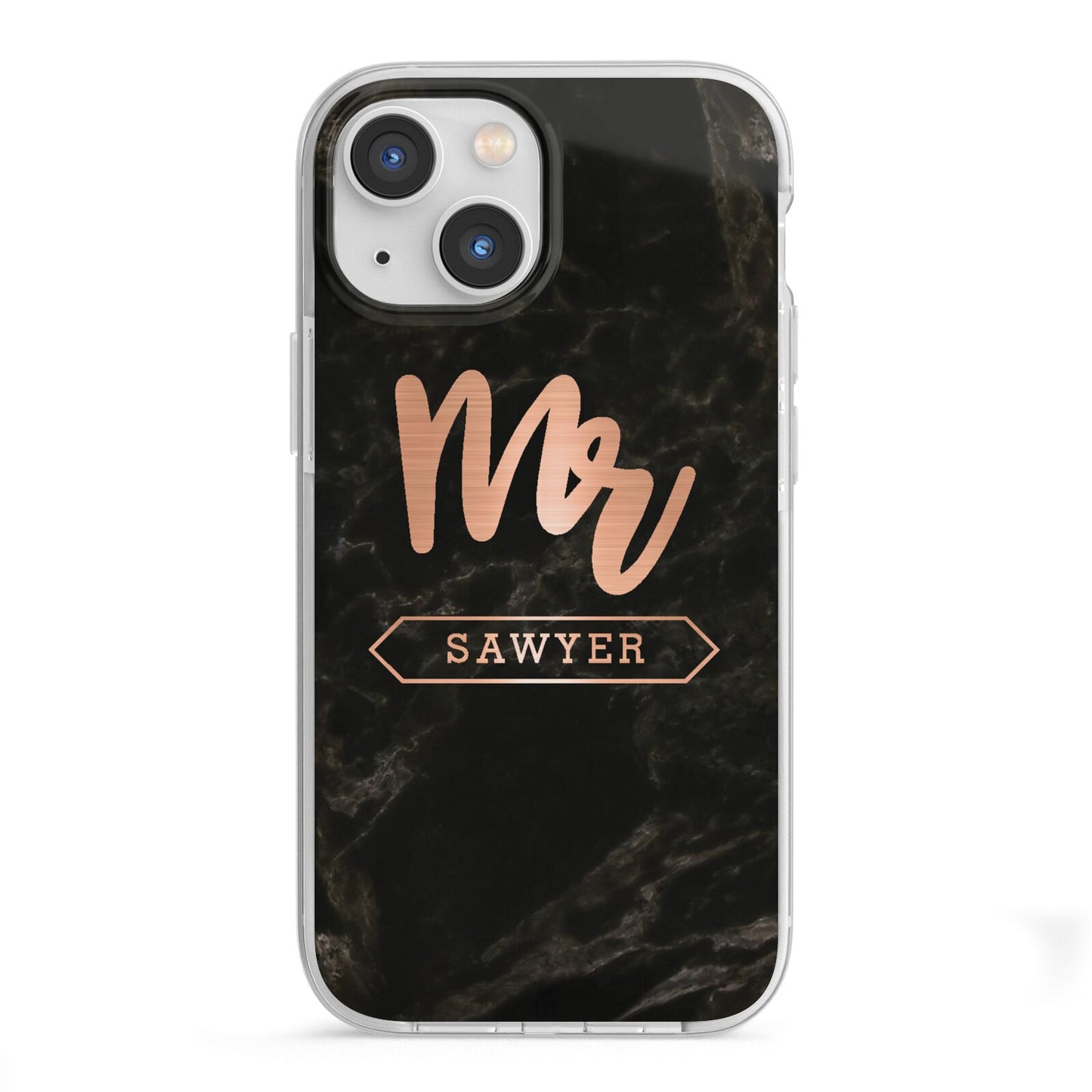 Personalised Rose Gold Mr Surname Marble iPhone 13 Mini TPU Impact Case with White Edges