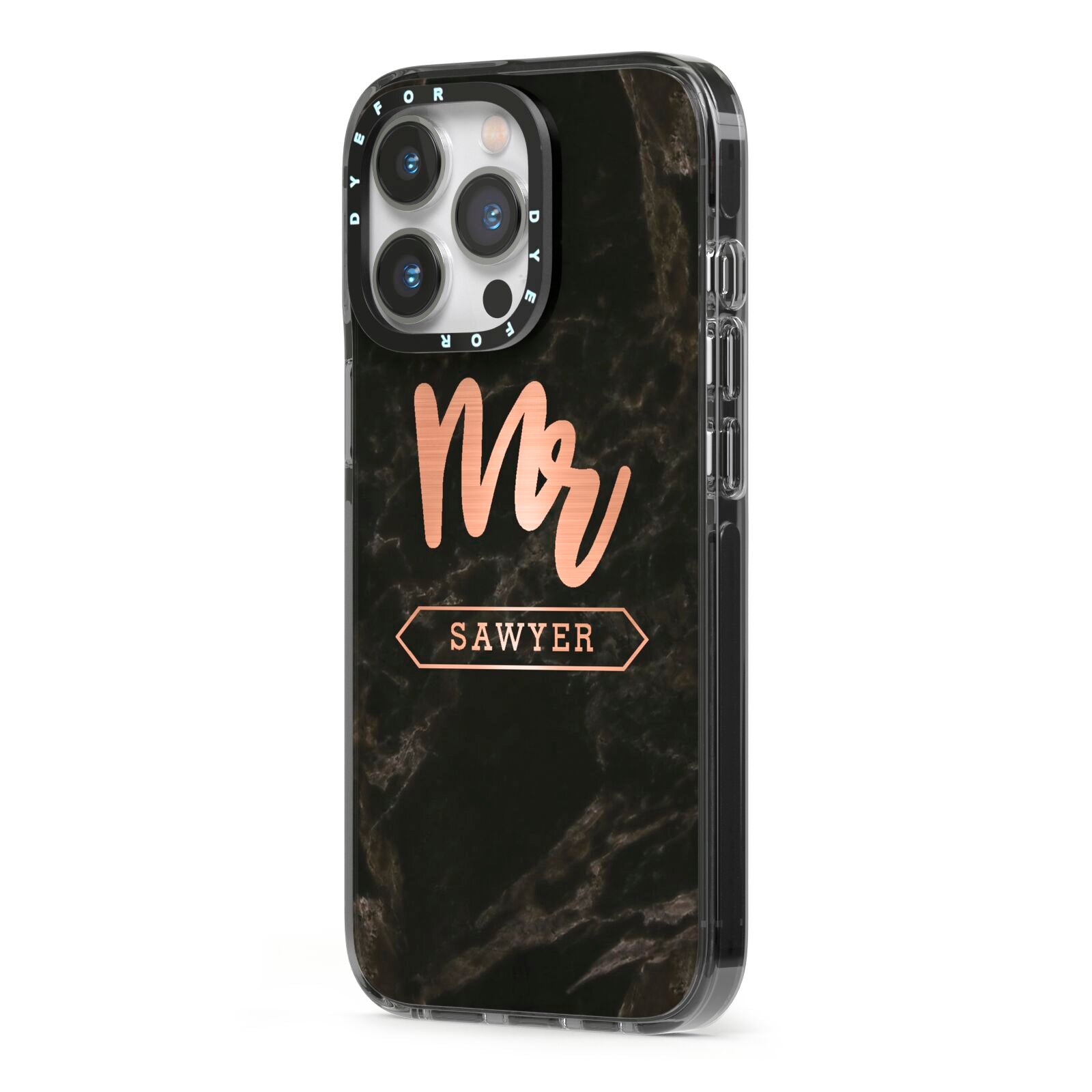 Personalised Rose Gold Mr Surname Marble iPhone 13 Pro Black Impact Case Side Angle on Silver phone
