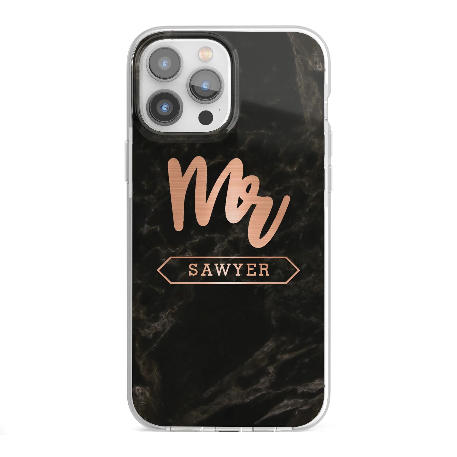 Personalised Rose Gold Mr Surname Marble iPhone 13 Pro Max TPU Impact Case with White Edges