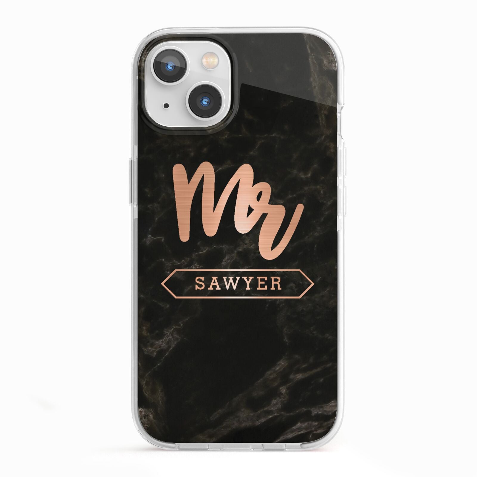 Personalised Rose Gold Mr Surname Marble iPhone 13 TPU Impact Case with White Edges