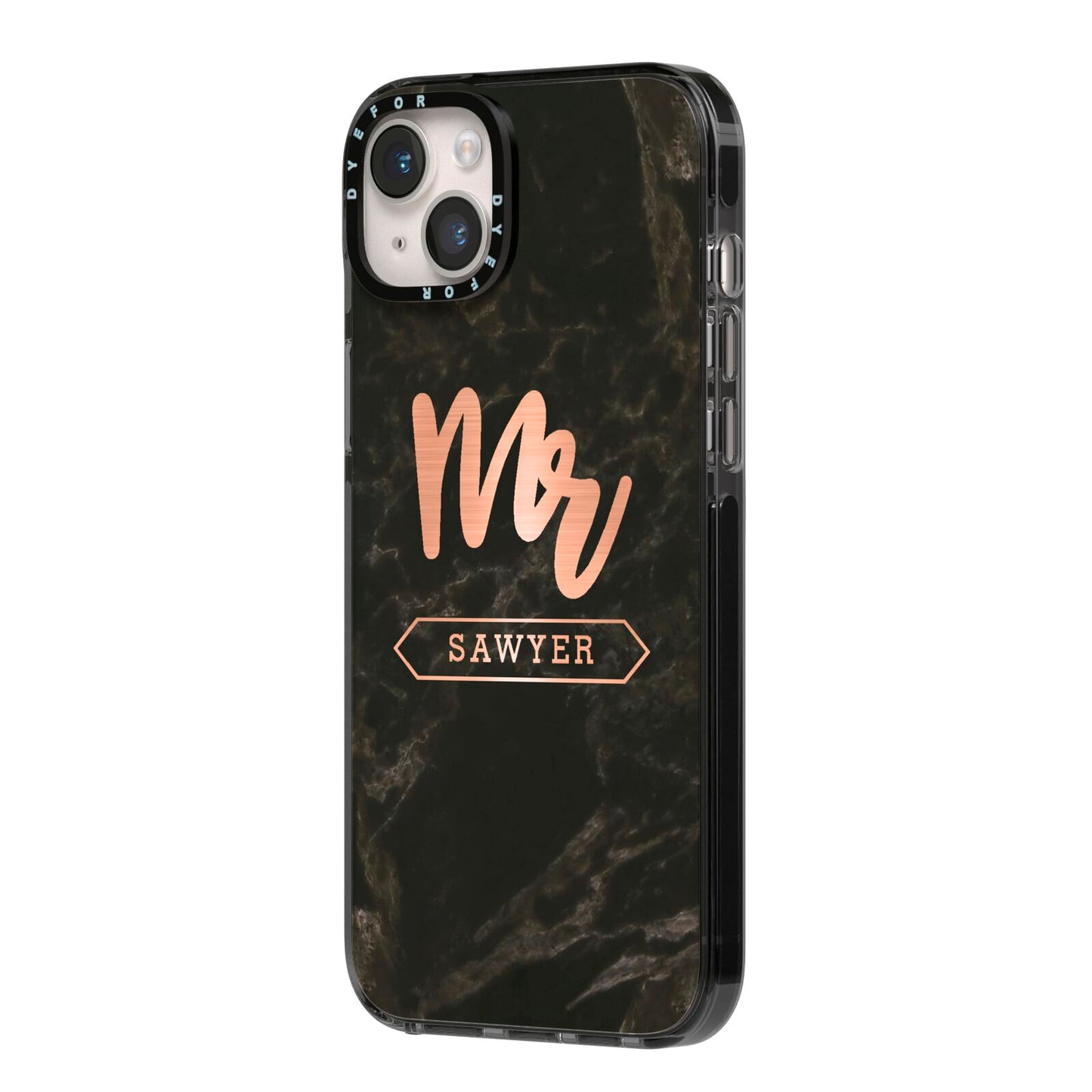 Personalised Rose Gold Mr Surname Marble iPhone 14 Plus Black Impact Case Side Angle on Silver phone