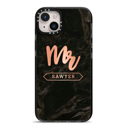 Personalised Rose Gold Mr Surname Marble iPhone 14 Plus Black Impact Case on Silver phone