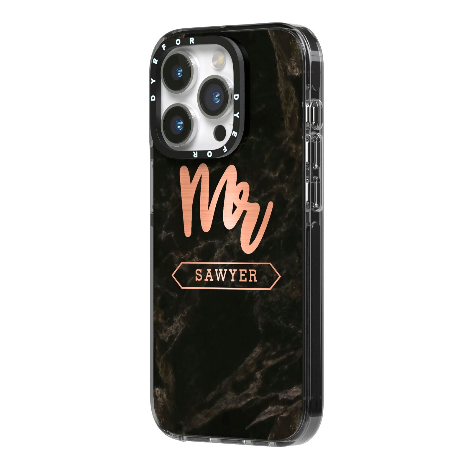 Personalised Rose Gold Mr Surname Marble iPhone 14 Pro Black Impact Case Side Angle on Silver phone