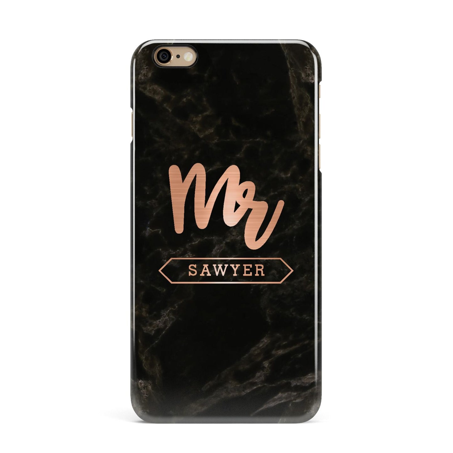 Personalised Rose Gold Mr Surname Marble iPhone 6 Plus 3D Snap Case on Gold Phone