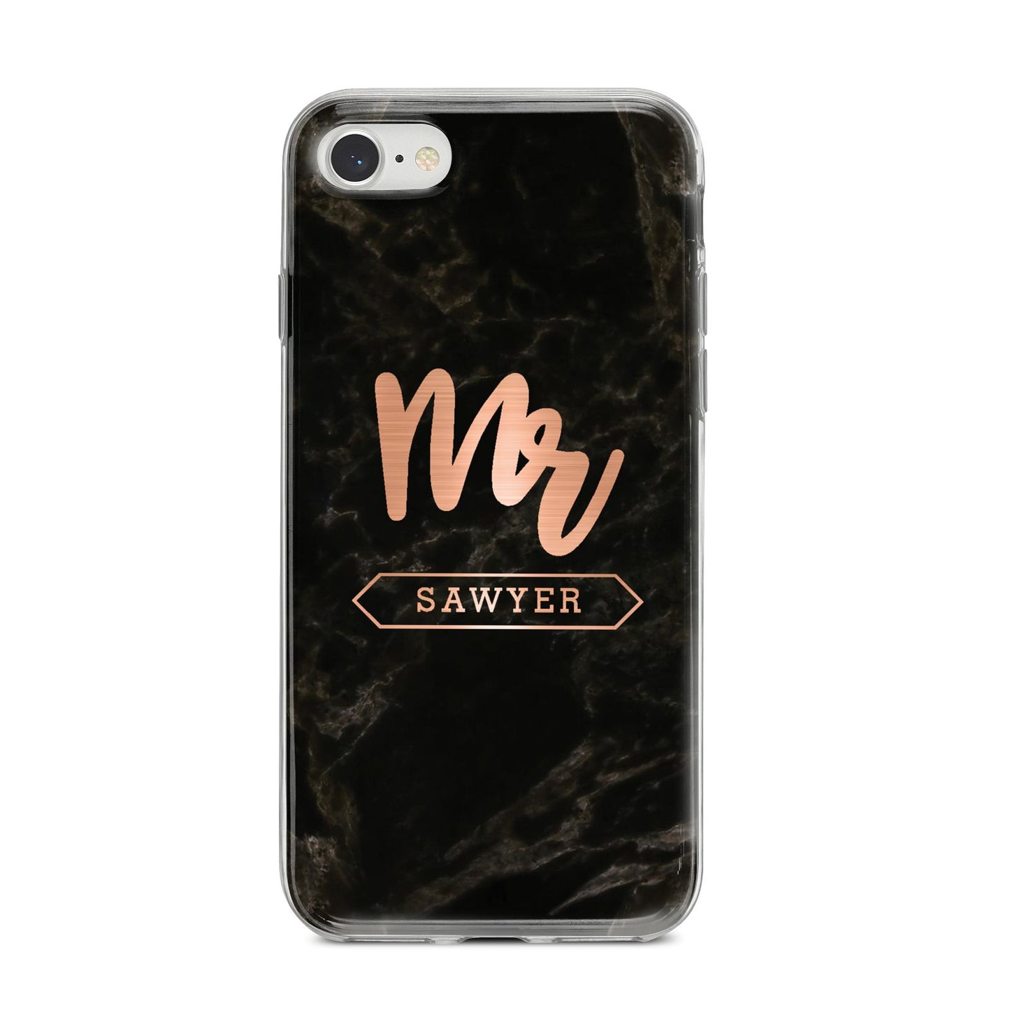 Personalised Rose Gold Mr Surname Marble iPhone 8 Bumper Case on Silver iPhone
