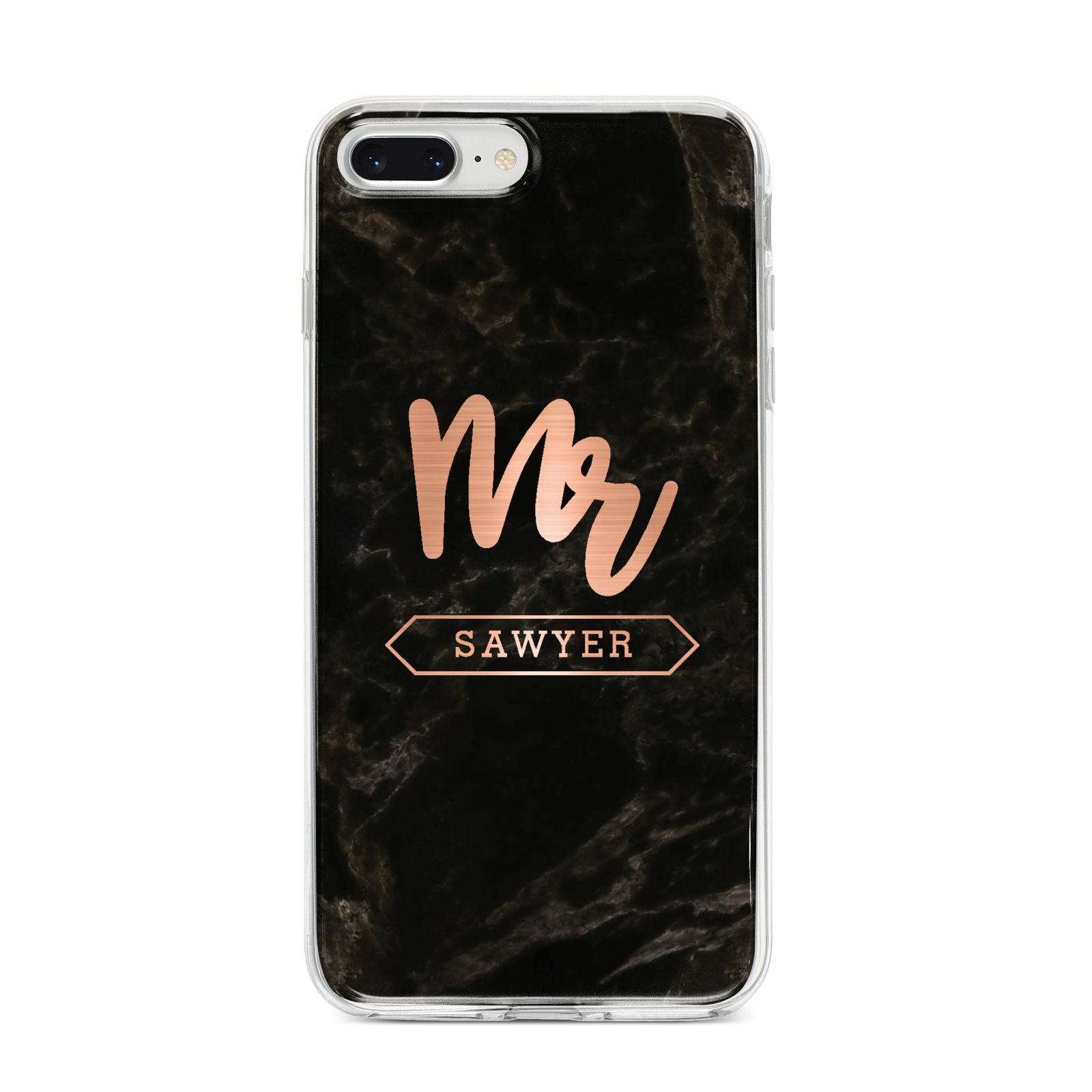 Personalised Rose Gold Mr Surname Marble iPhone 8 Plus Bumper Case on Silver iPhone