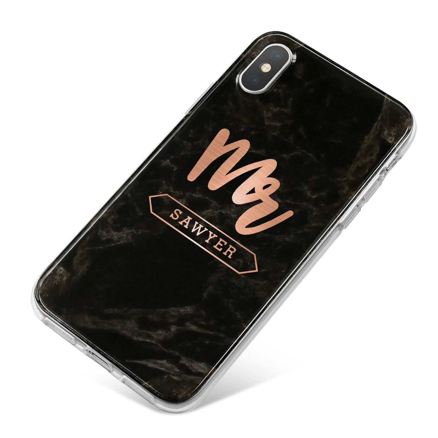 Personalised Rose Gold Mr Surname Marble iPhone X Bumper Case on Silver iPhone