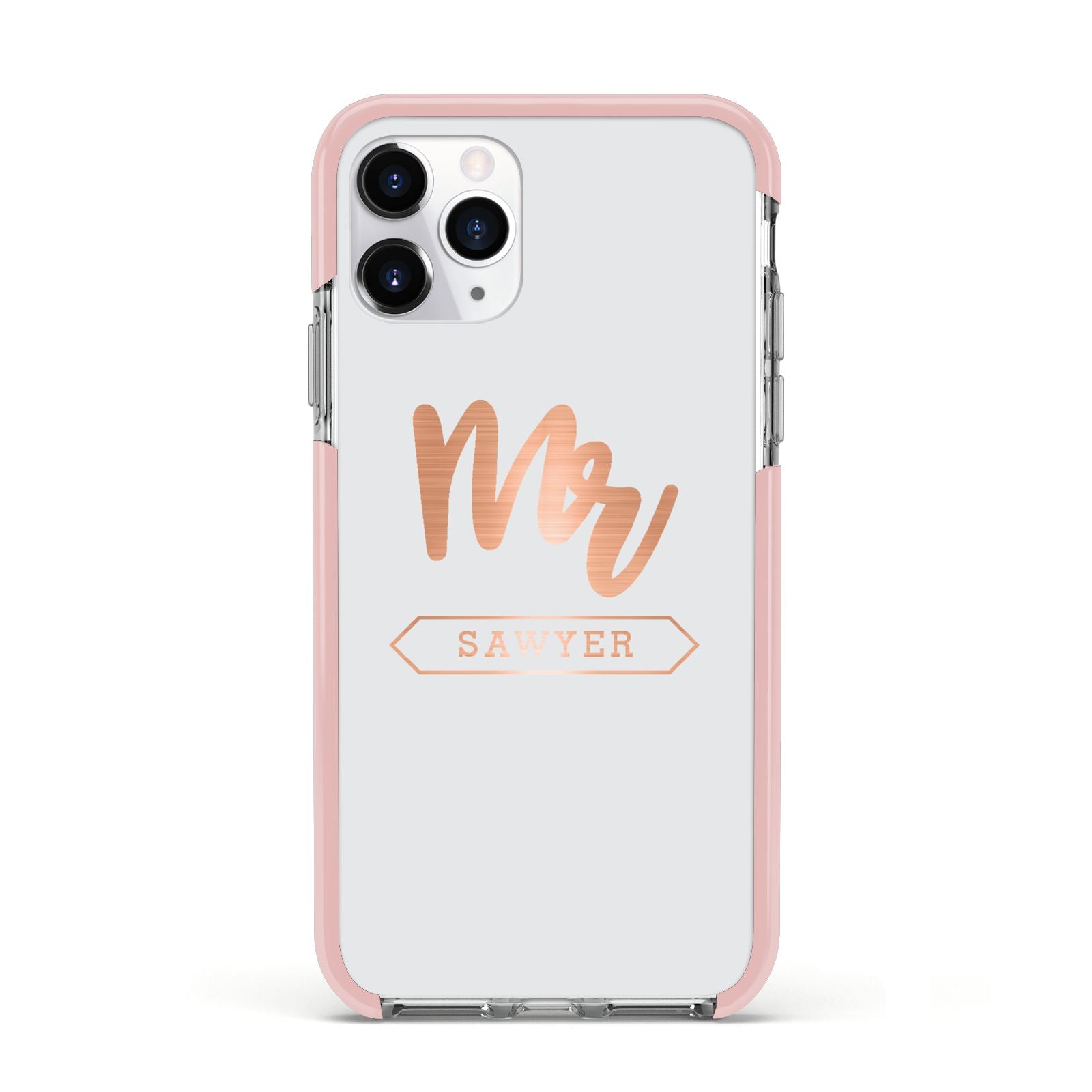 Personalised Rose Gold Mr Surname On Grey Apple iPhone 11 Pro in Silver with Pink Impact Case