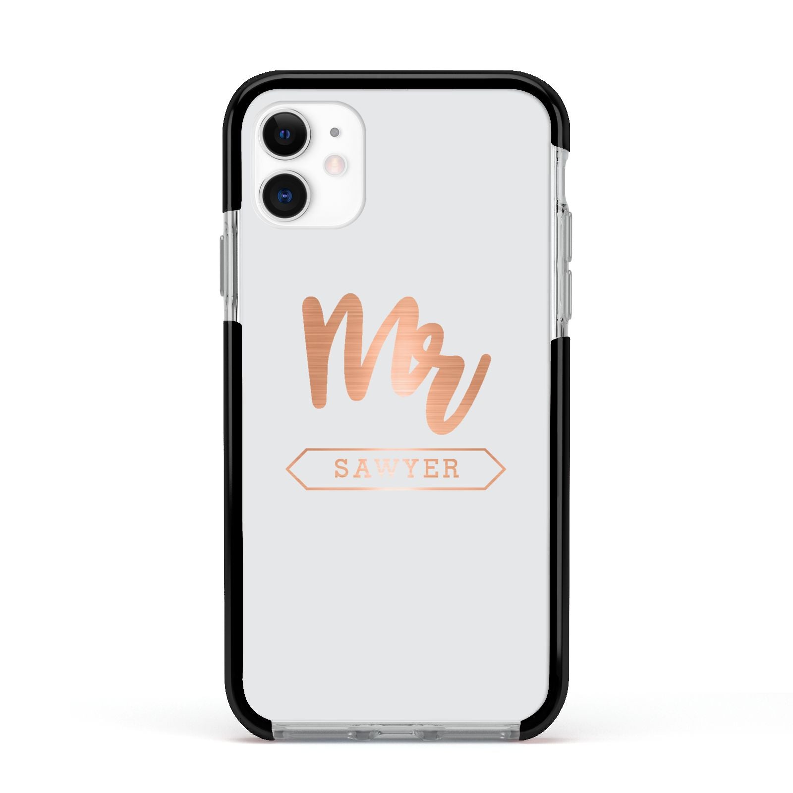 Personalised Rose Gold Mr Surname On Grey Apple iPhone 11 in White with Black Impact Case