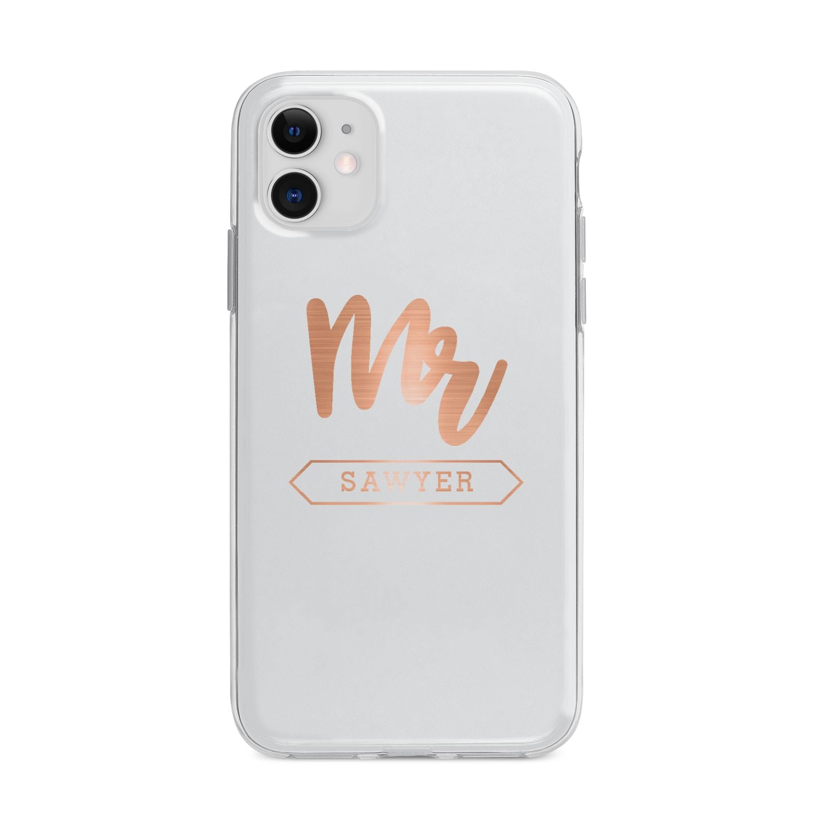 Personalised Rose Gold Mr Surname On Grey Apple iPhone 11 in White with Bumper Case