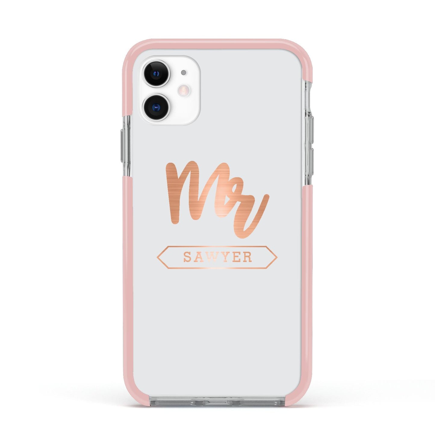 Personalised Rose Gold Mr Surname On Grey Apple iPhone 11 in White with Pink Impact Case