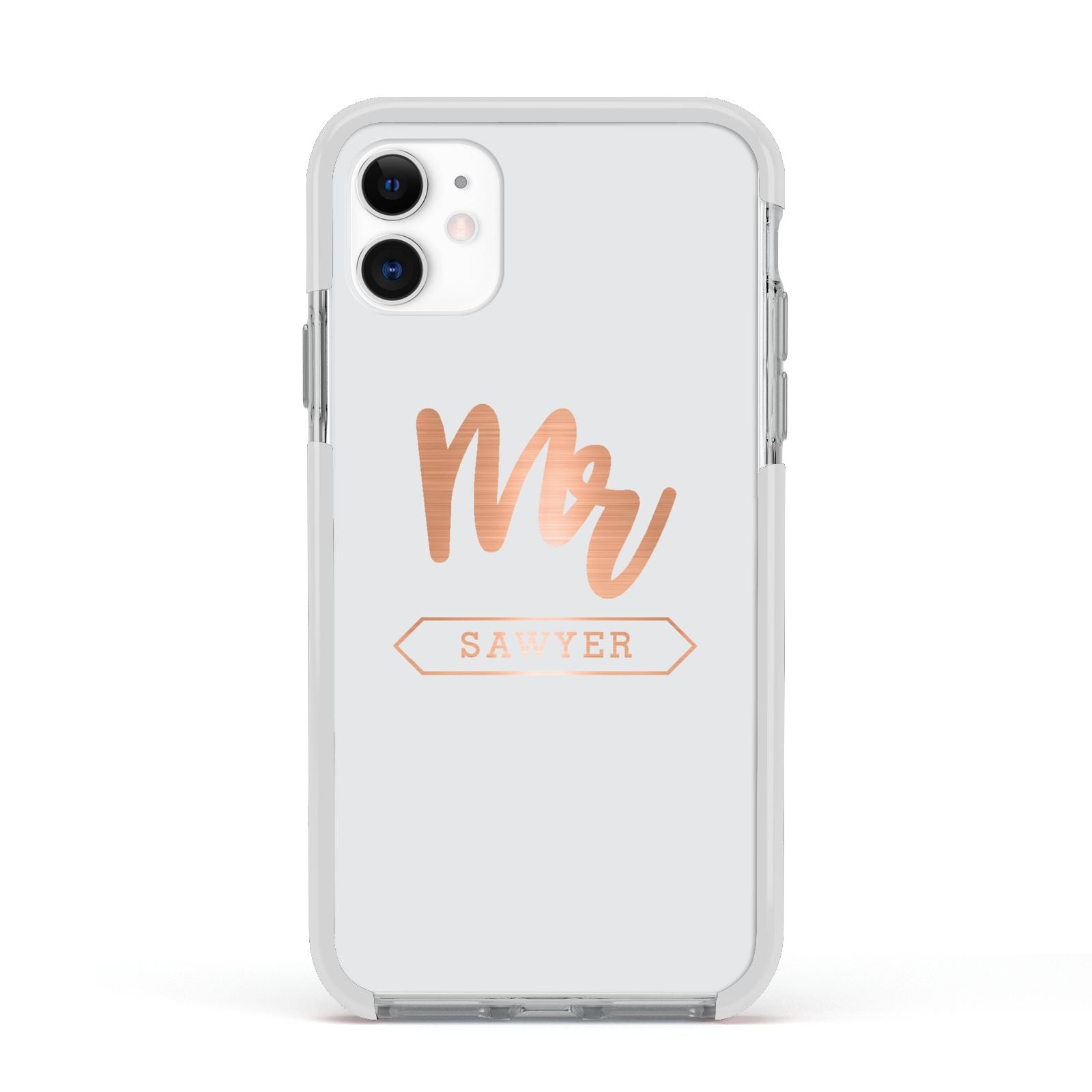 Personalised Rose Gold Mr Surname On Grey Apple iPhone 11 in White with White Impact Case