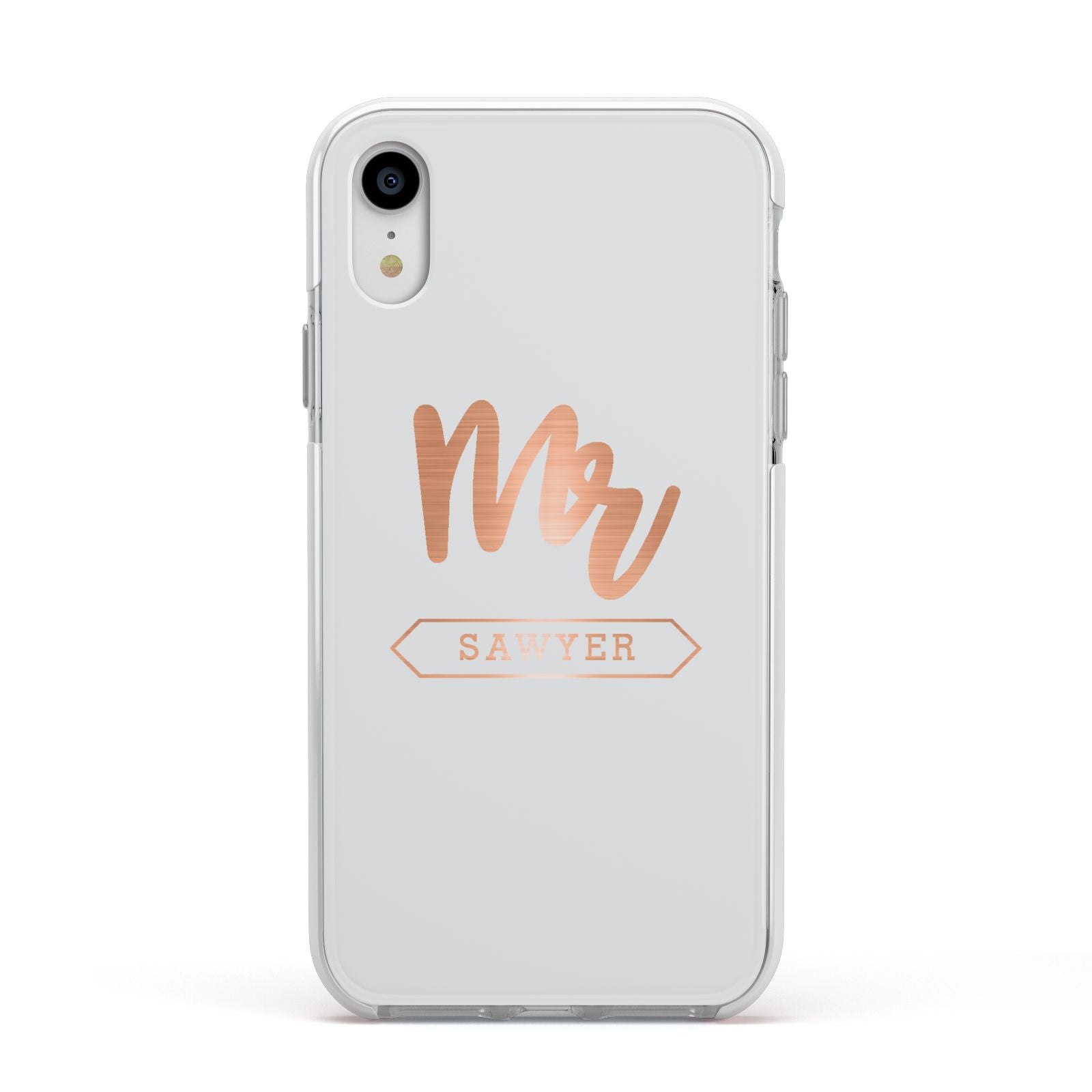 Personalised Rose Gold Mr Surname On Grey Apple iPhone XR Impact Case White Edge on Silver Phone