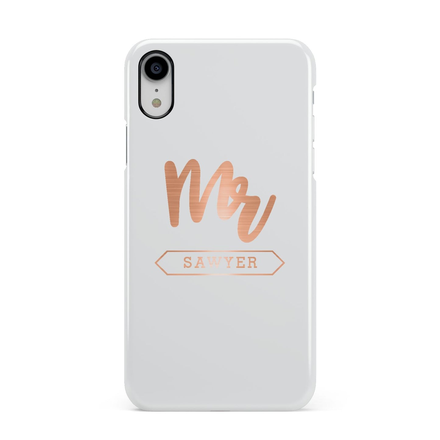 Personalised Rose Gold Mr Surname On Grey Apple iPhone XR White 3D Snap Case