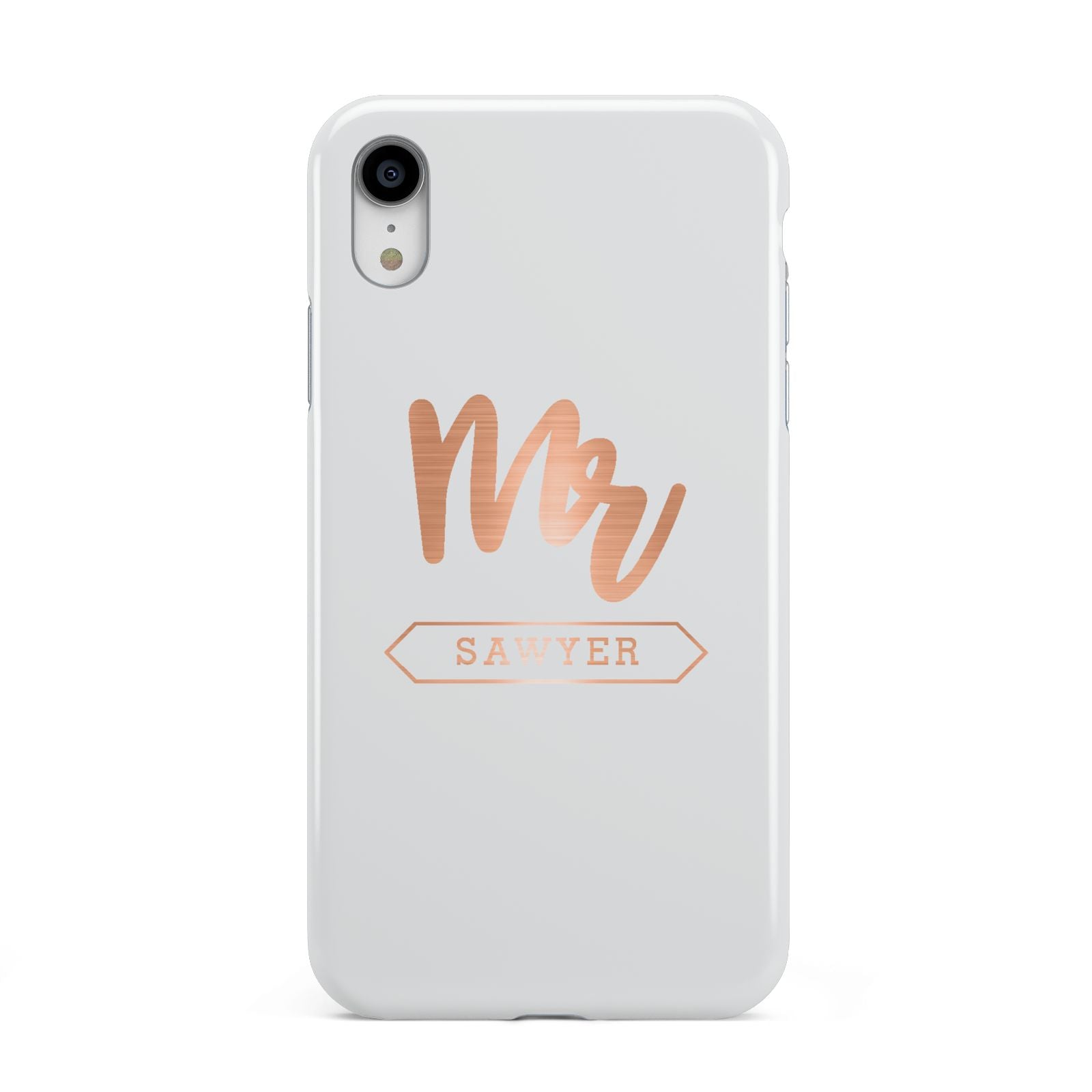 Personalised Rose Gold Mr Surname On Grey Apple iPhone XR White 3D Tough Case