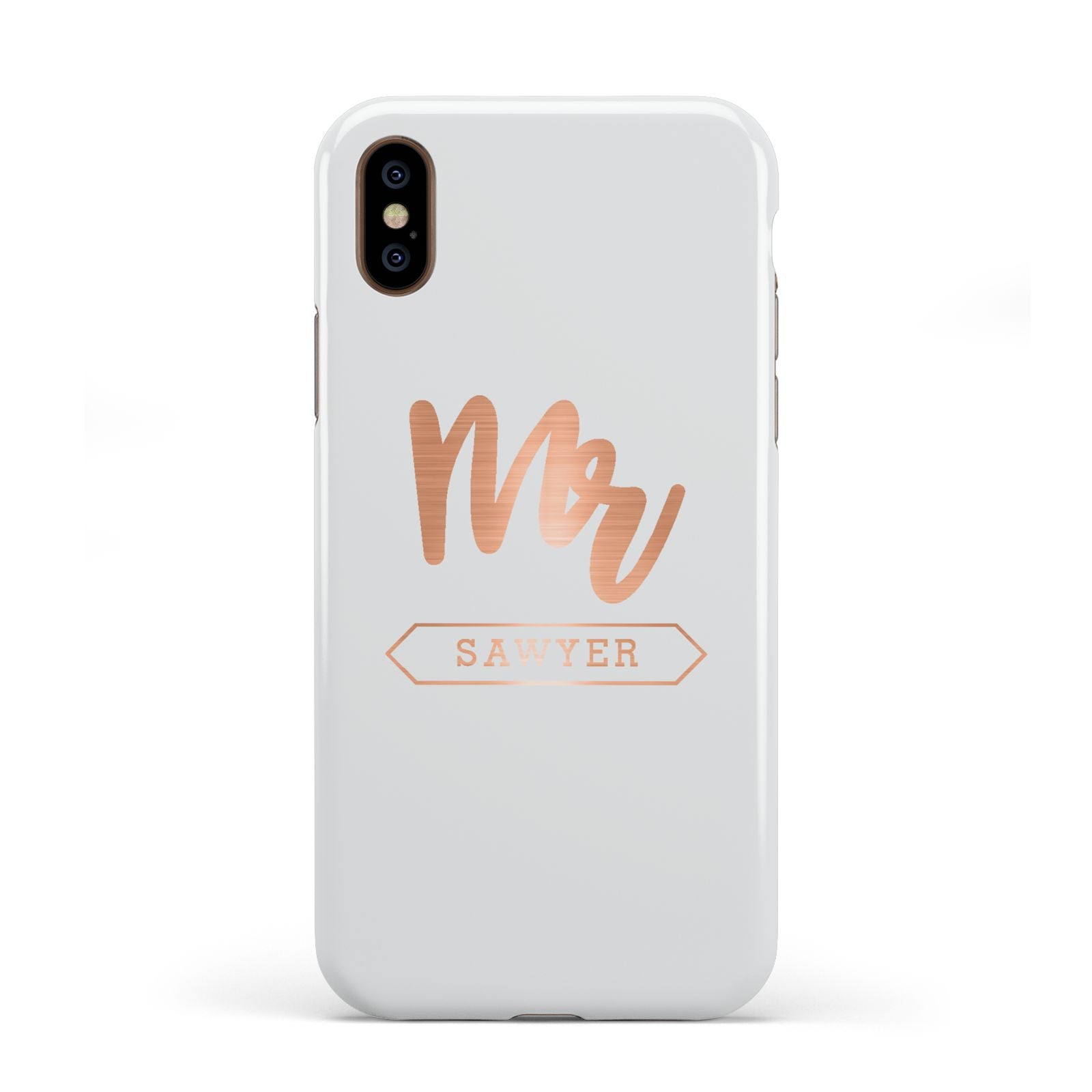 Personalised Rose Gold Mr Surname On Grey Apple iPhone XS 3D Tough