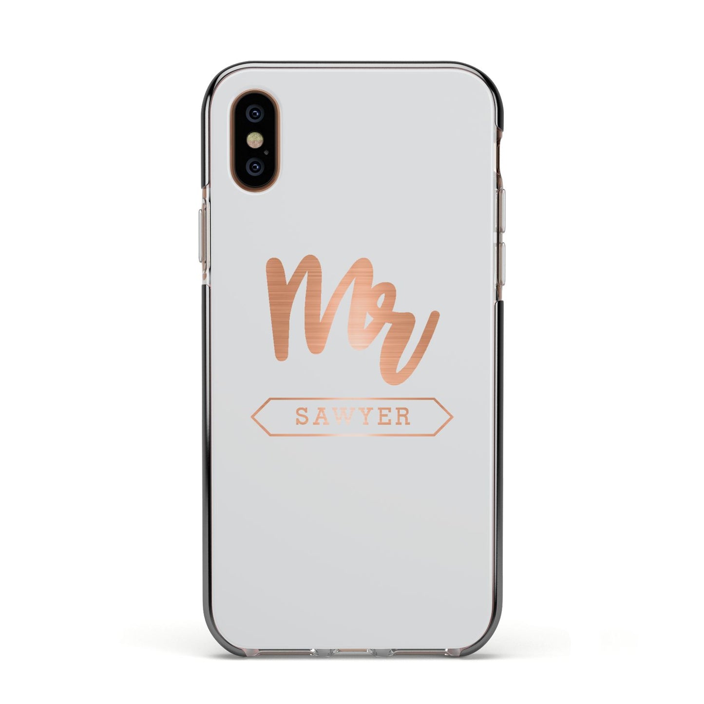 Personalised Rose Gold Mr Surname On Grey Apple iPhone Xs Impact Case Black Edge on Gold Phone