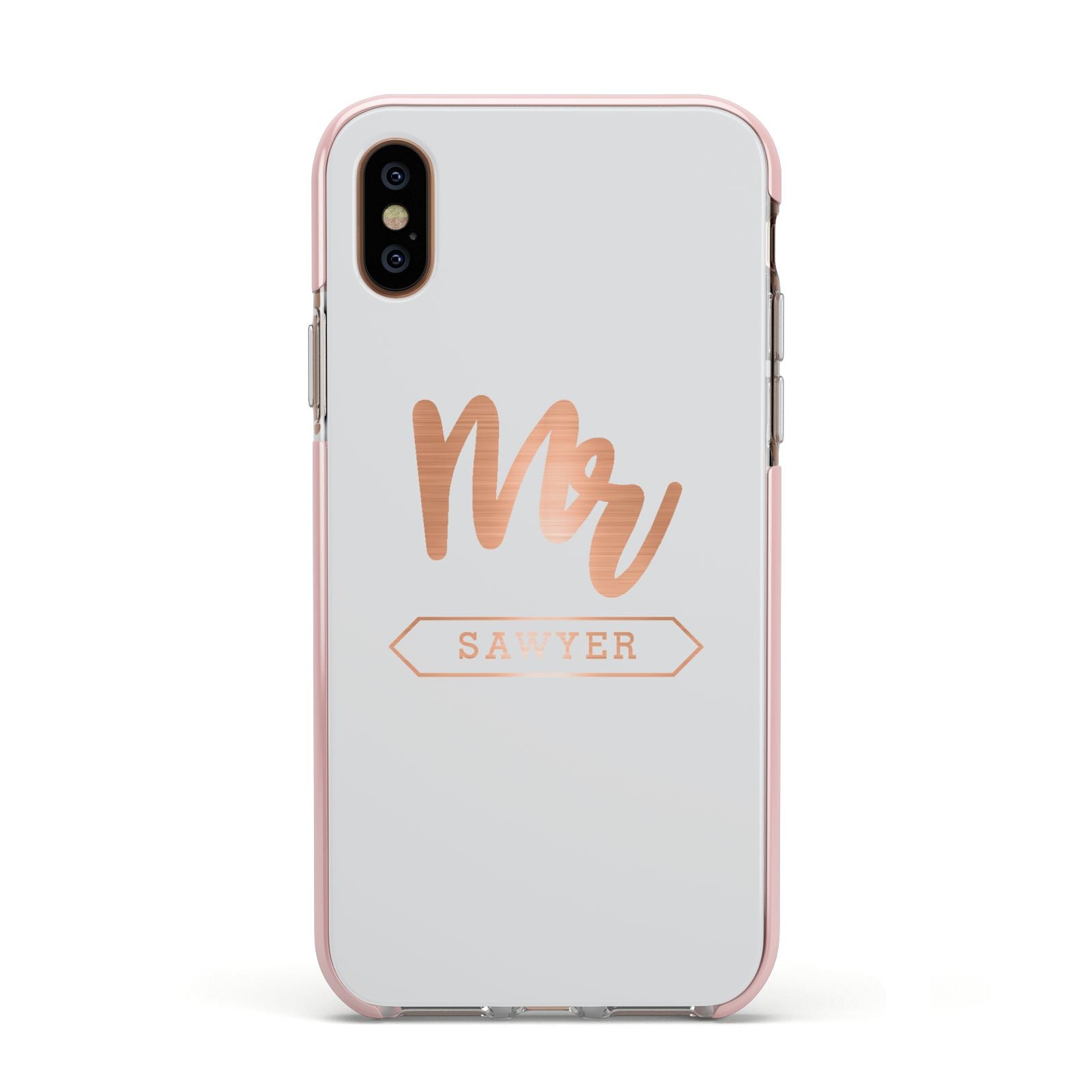 Personalised Rose Gold Mr Surname On Grey Apple iPhone Xs Impact Case Pink Edge on Gold Phone