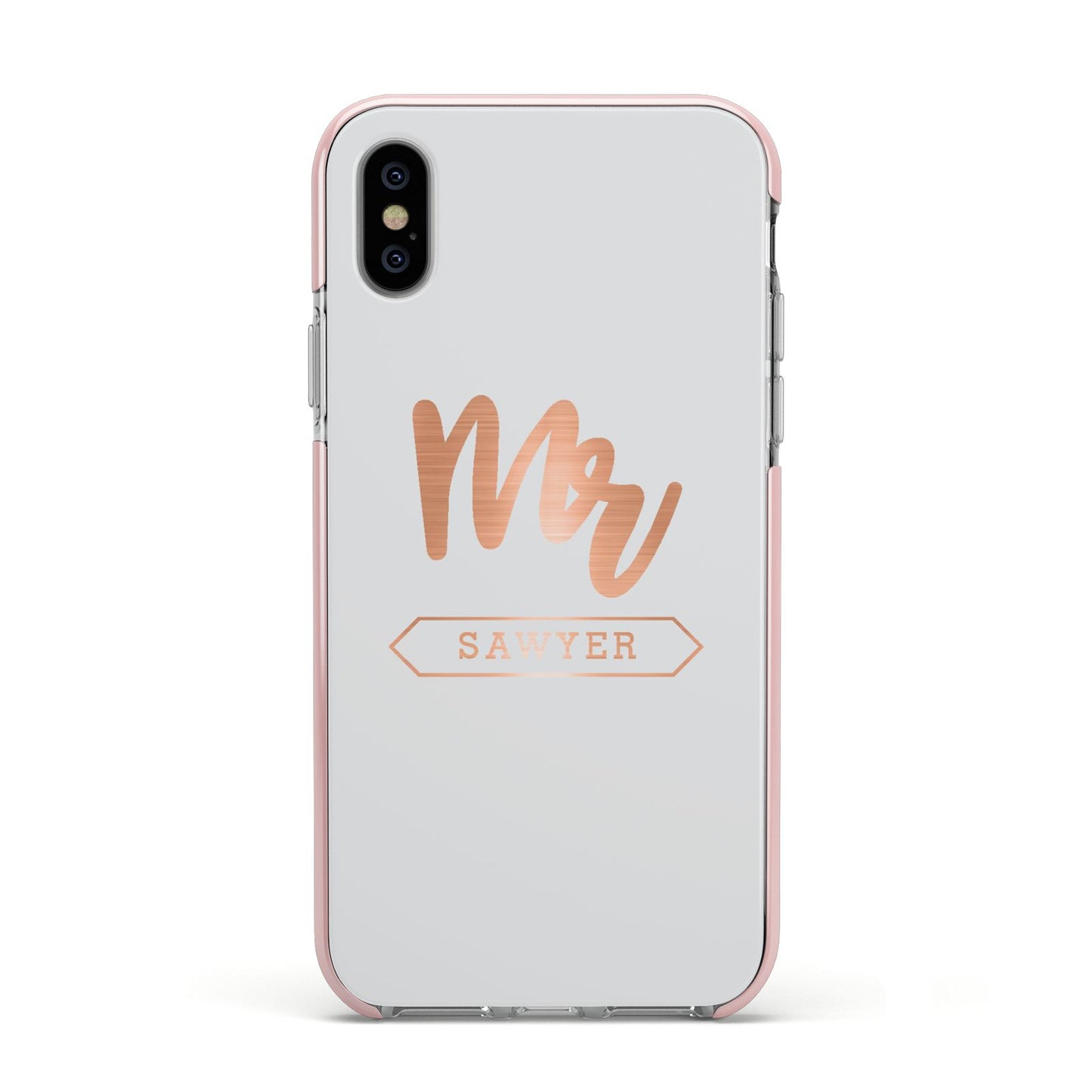 Personalised Rose Gold Mr Surname On Grey Apple iPhone Xs Impact Case Pink Edge on Silver Phone