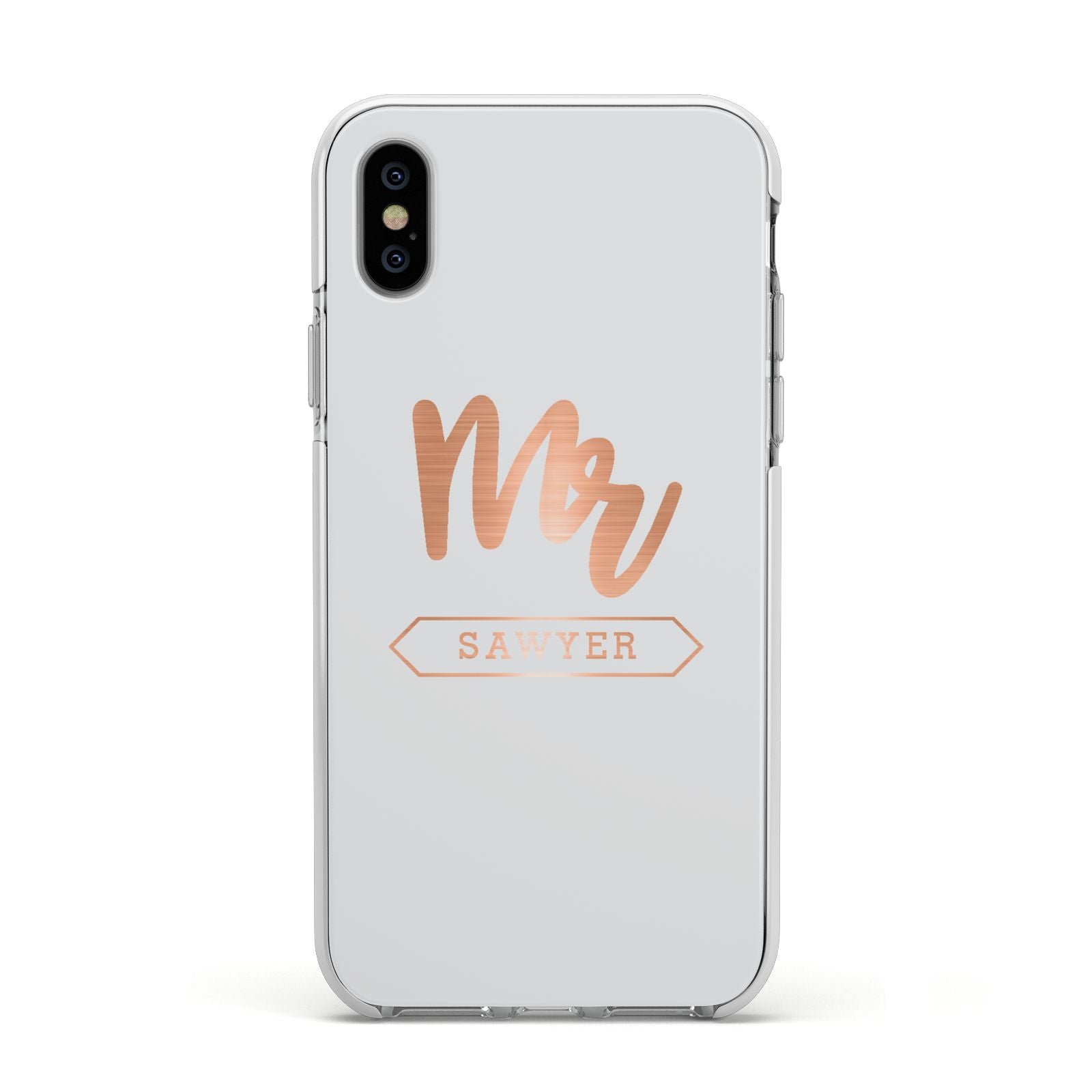 Personalised Rose Gold Mr Surname On Grey Apple iPhone Xs Impact Case White Edge on Silver Phone