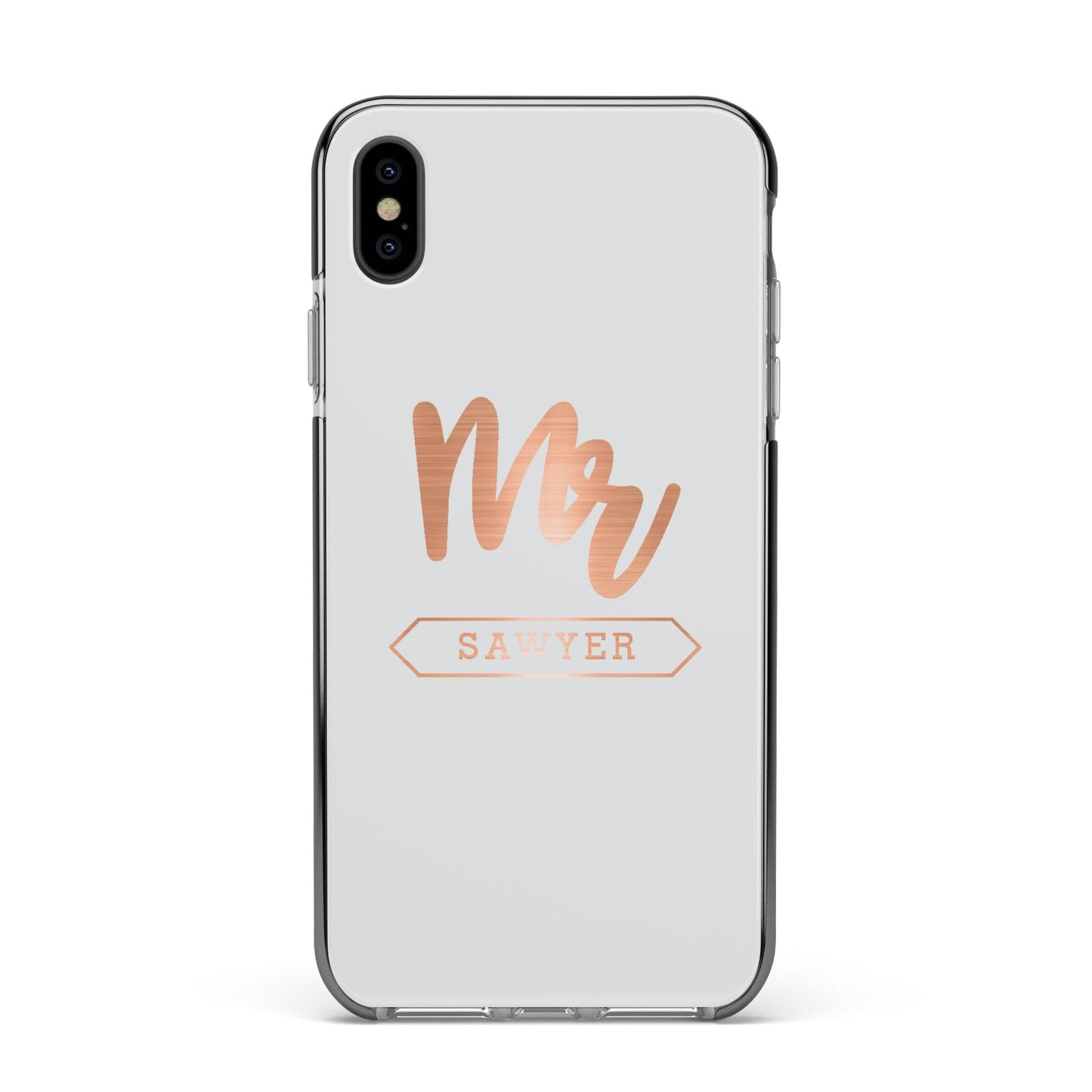 Personalised Rose Gold Mr Surname On Grey Apple iPhone Xs Max Impact Case Black Edge on Black Phone