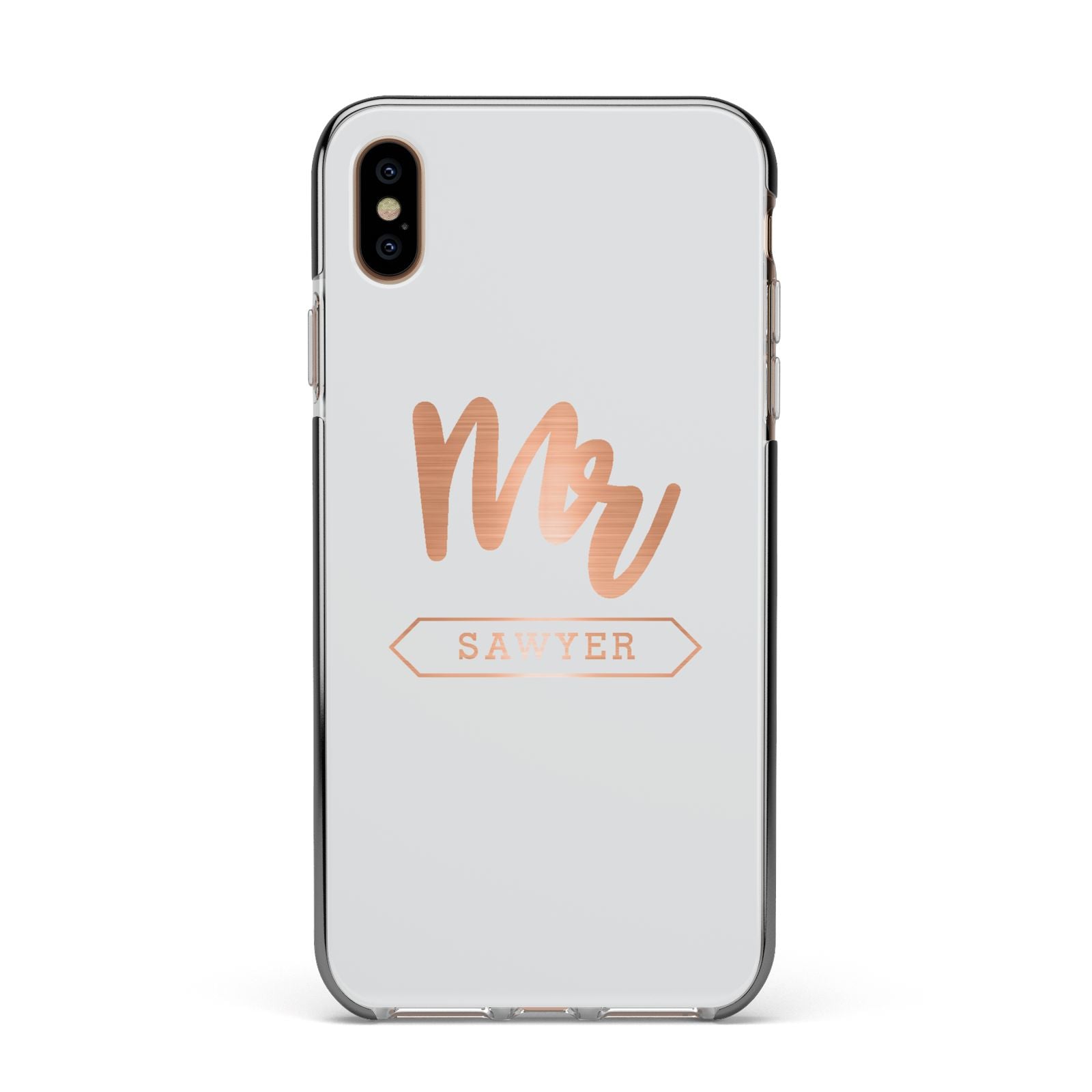 Personalised Rose Gold Mr Surname On Grey Apple iPhone Xs Max Impact Case Black Edge on Gold Phone