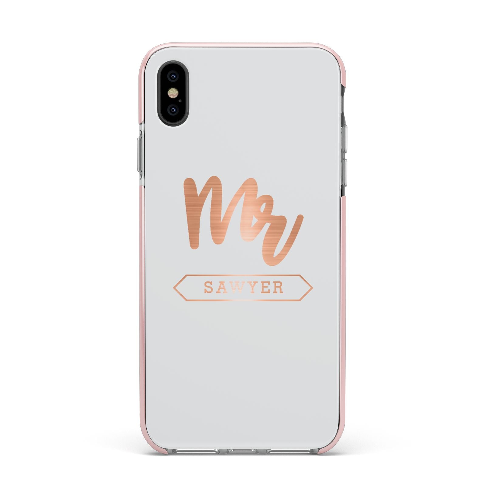 Personalised Rose Gold Mr Surname On Grey Apple iPhone Xs Max Impact Case Pink Edge on Black Phone