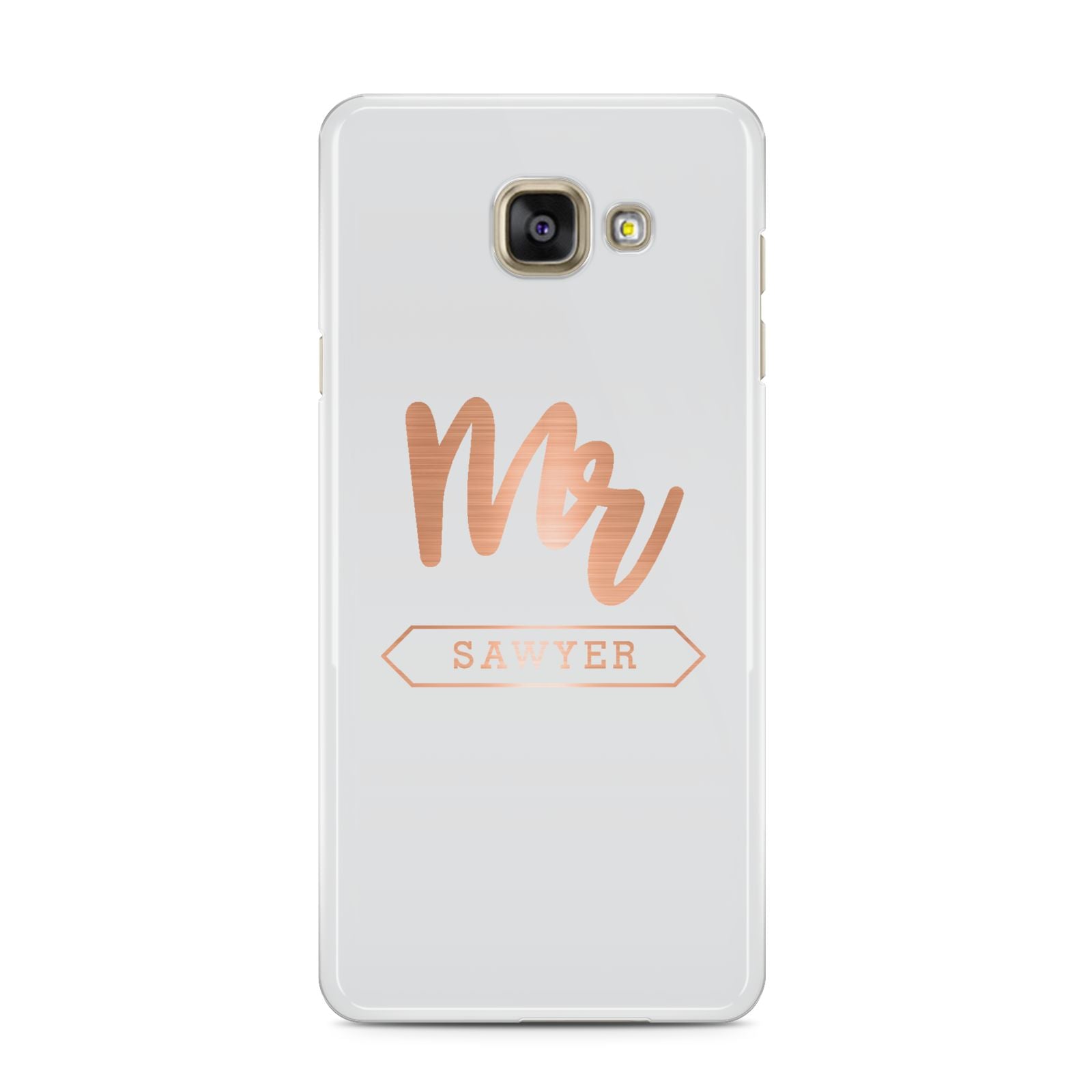Personalised Rose Gold Mr Surname On Grey Samsung Galaxy A3 2016 Case on gold phone