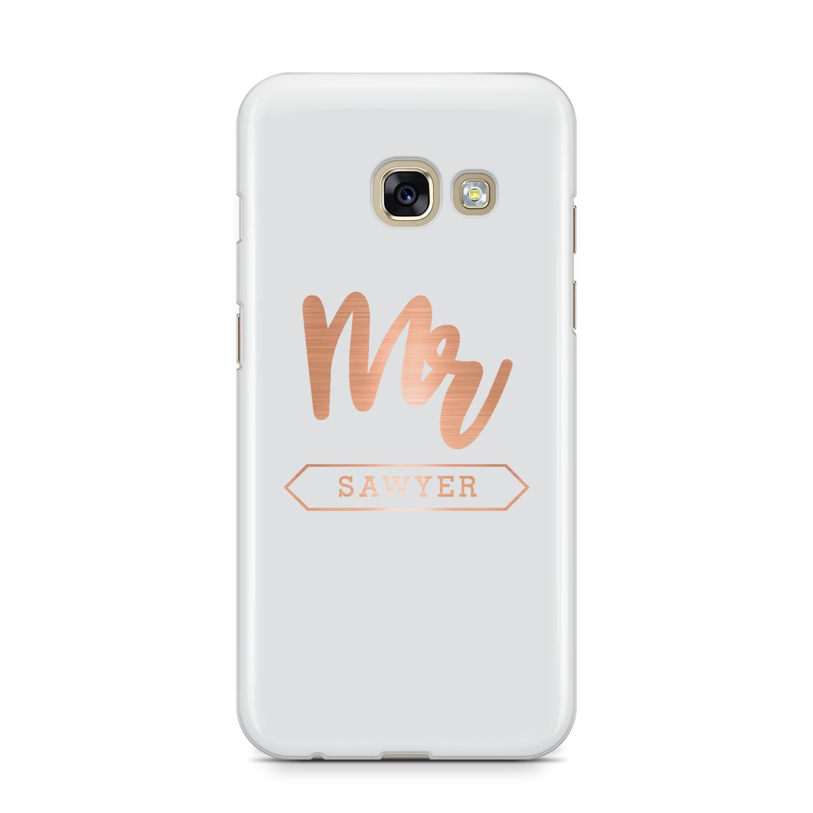 Personalised Rose Gold Mr Surname On Grey Samsung Galaxy A3 2017 Case on gold phone