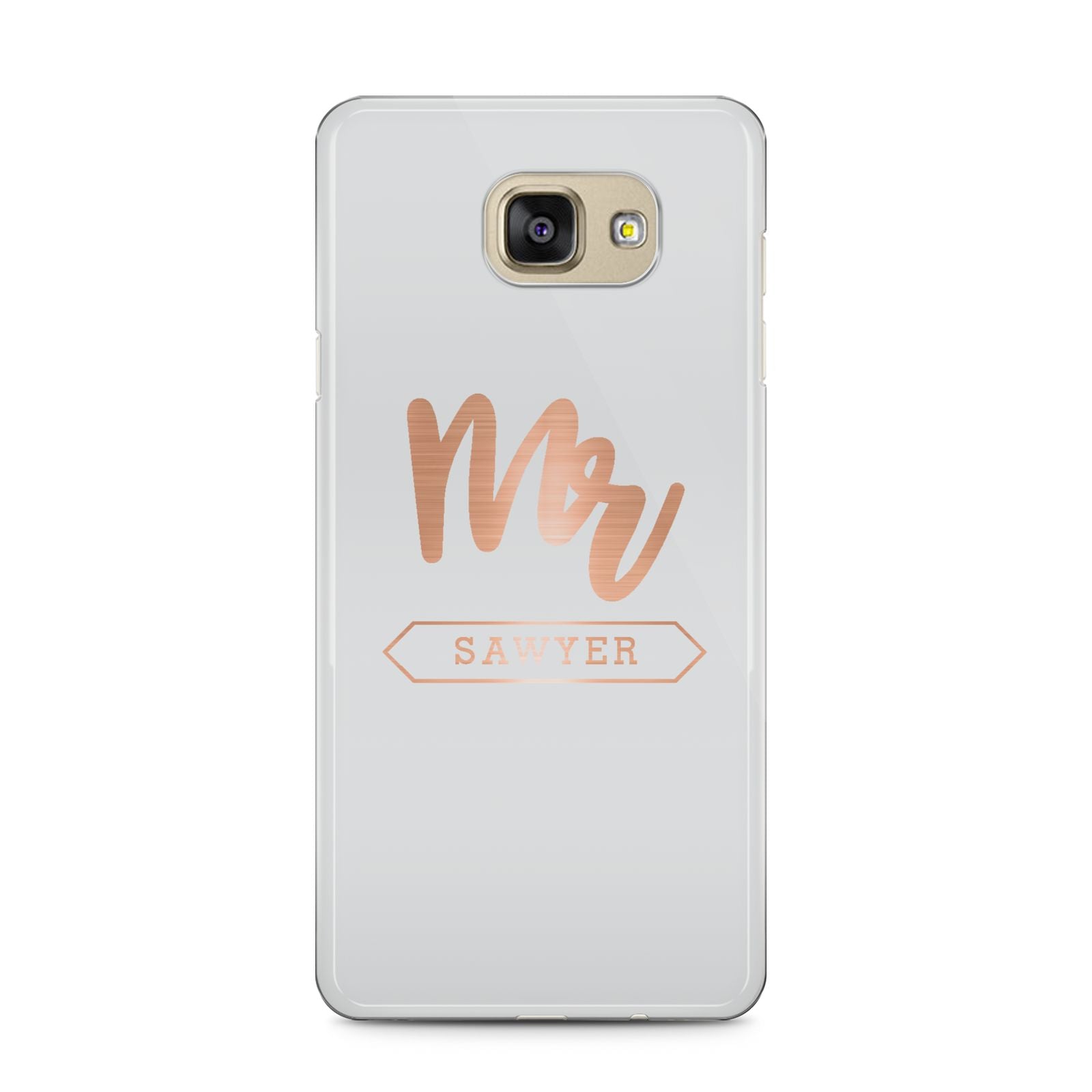 Personalised Rose Gold Mr Surname On Grey Samsung Galaxy A5 2016 Case on gold phone