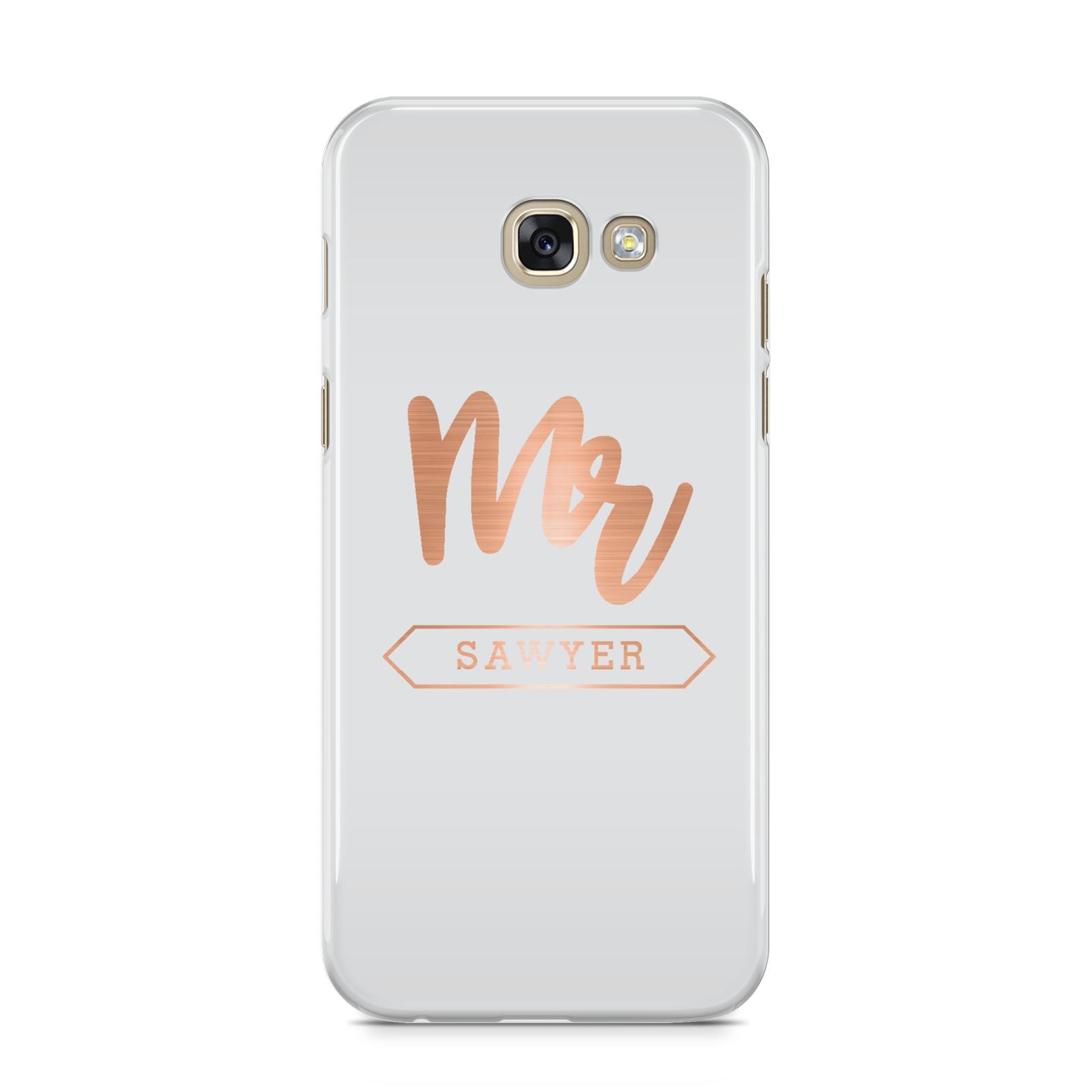 Personalised Rose Gold Mr Surname On Grey Samsung Galaxy A5 2017 Case on gold phone