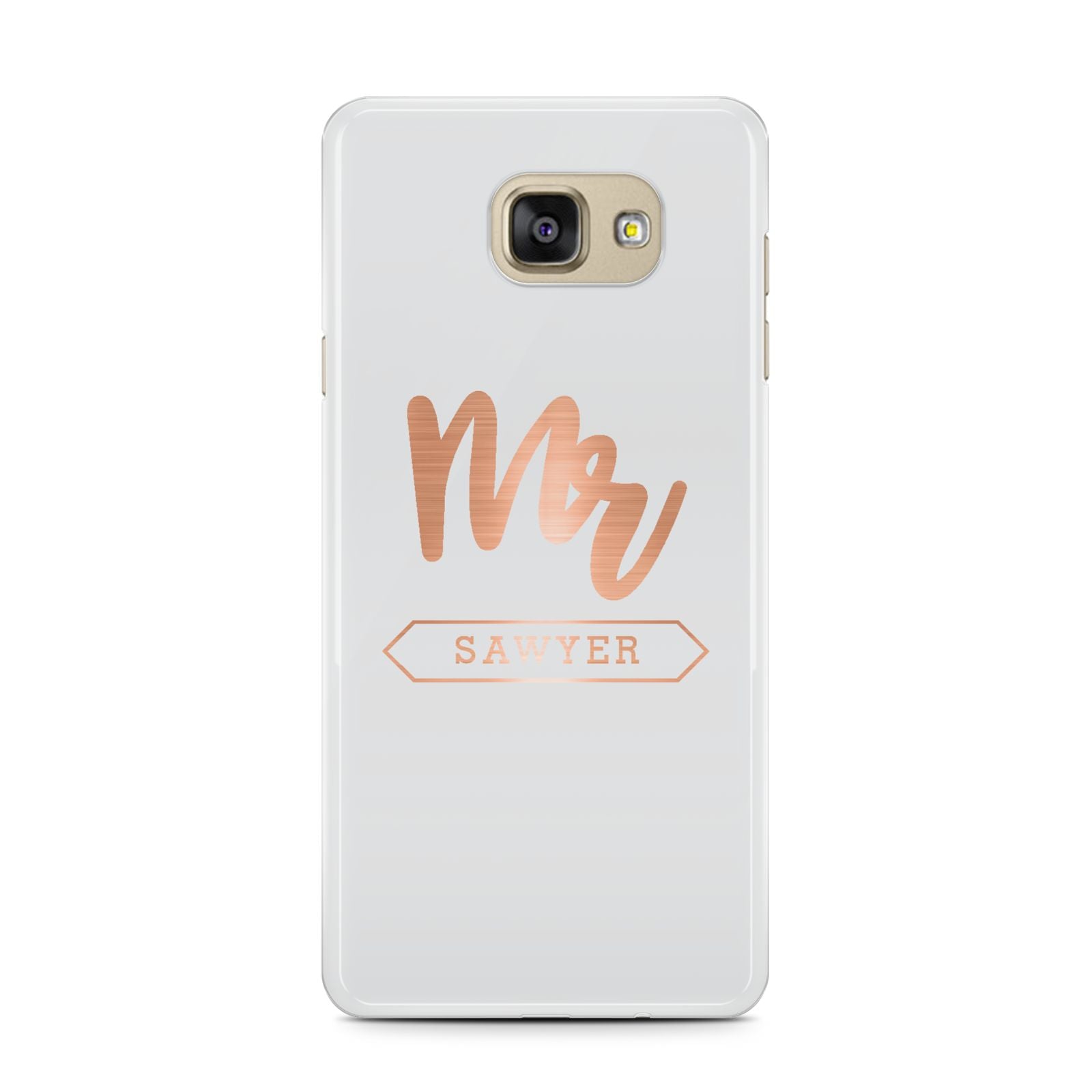 Personalised Rose Gold Mr Surname On Grey Samsung Galaxy A7 2016 Case on gold phone