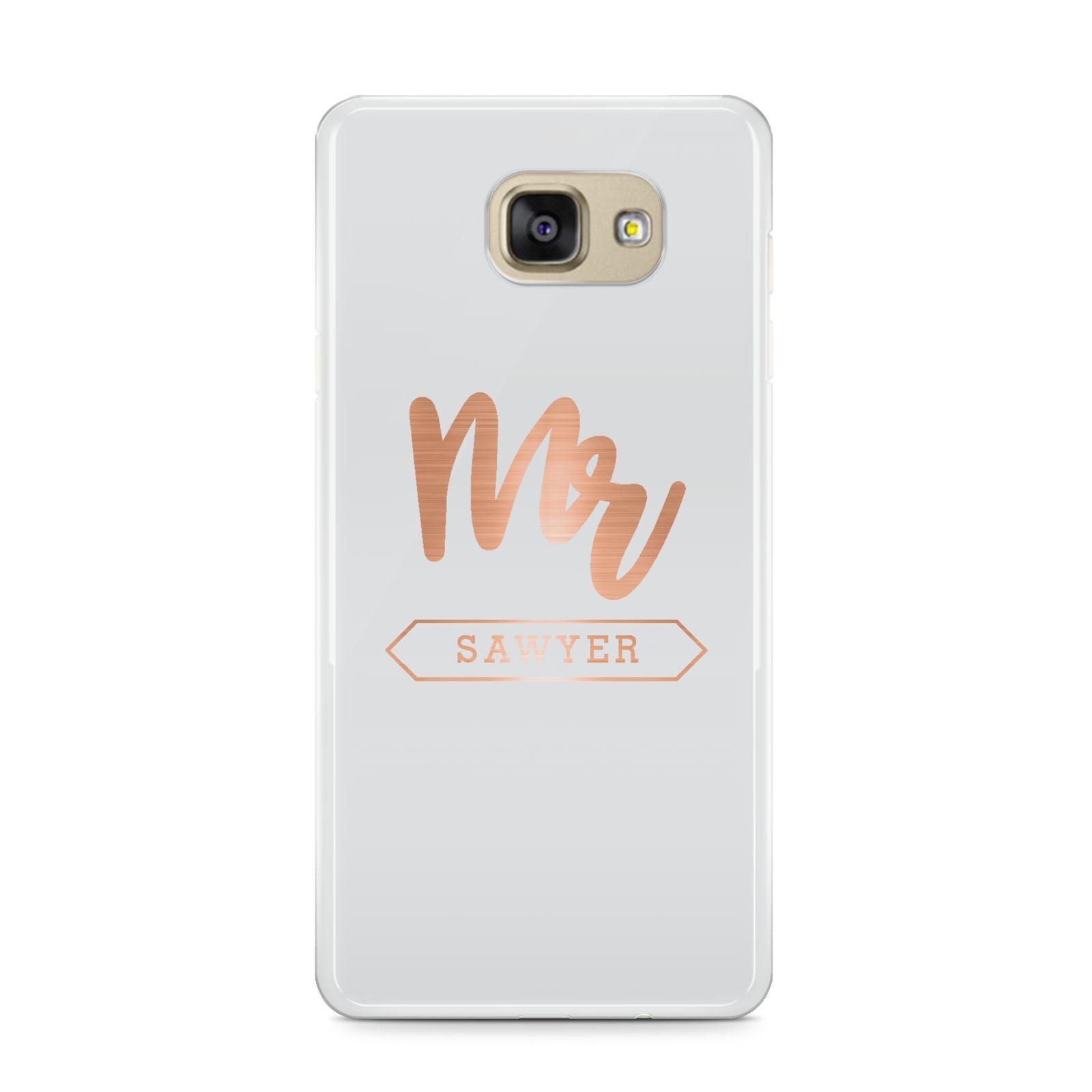 Personalised Rose Gold Mr Surname On Grey Samsung Galaxy A9 2016 Case on gold phone