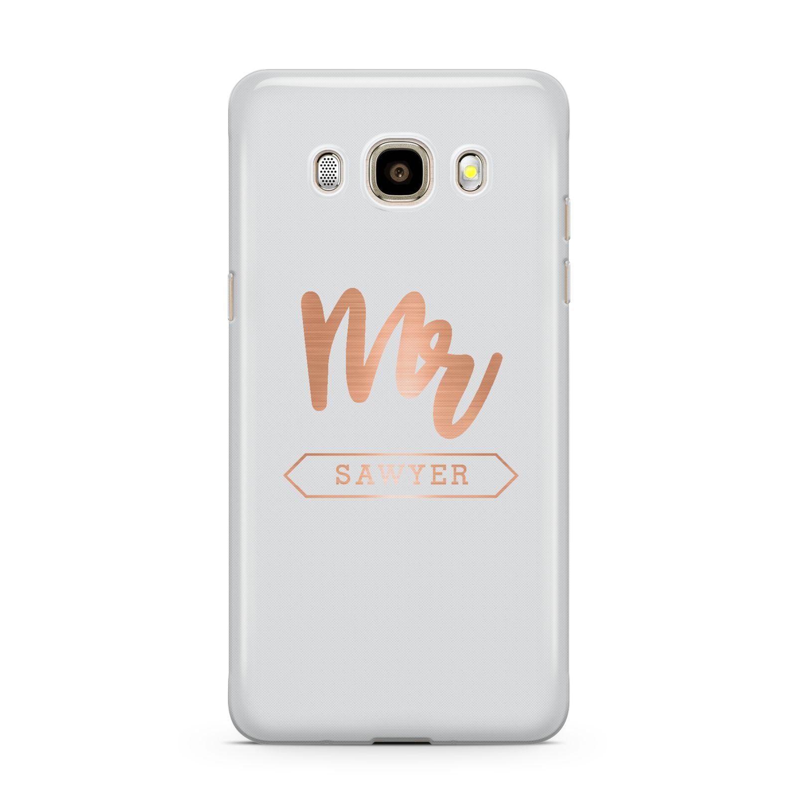 Personalised Rose Gold Mr Surname On Grey Samsung Galaxy J7 2016 Case on gold phone