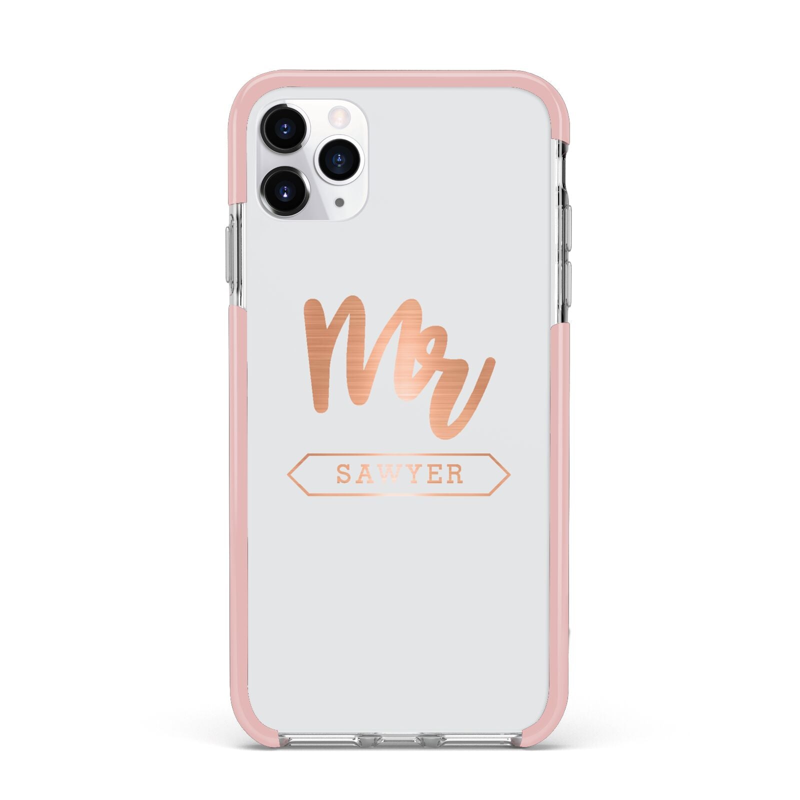 Personalised Rose Gold Mr Surname On Grey iPhone 11 Pro Max Impact Pink Edge Case