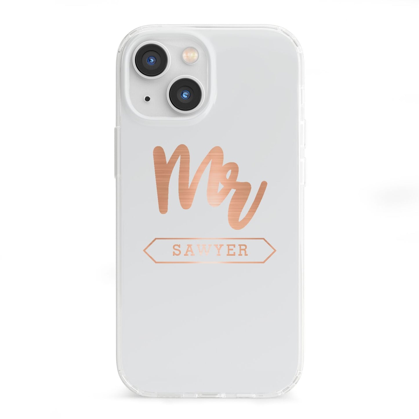 Personalised Rose Gold Mr Surname On Grey iPhone 13 Mini Clear Bumper Case