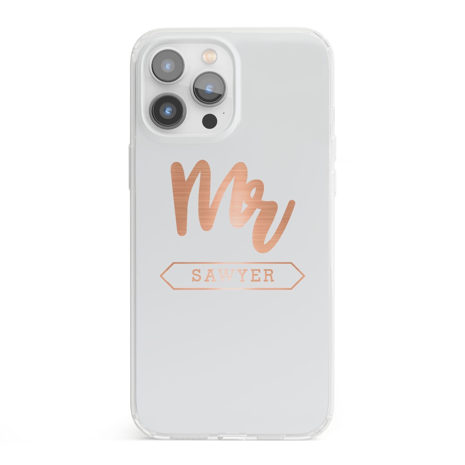 Personalised Rose Gold Mr Surname On Grey iPhone 13 Pro Max Clear Bumper Case