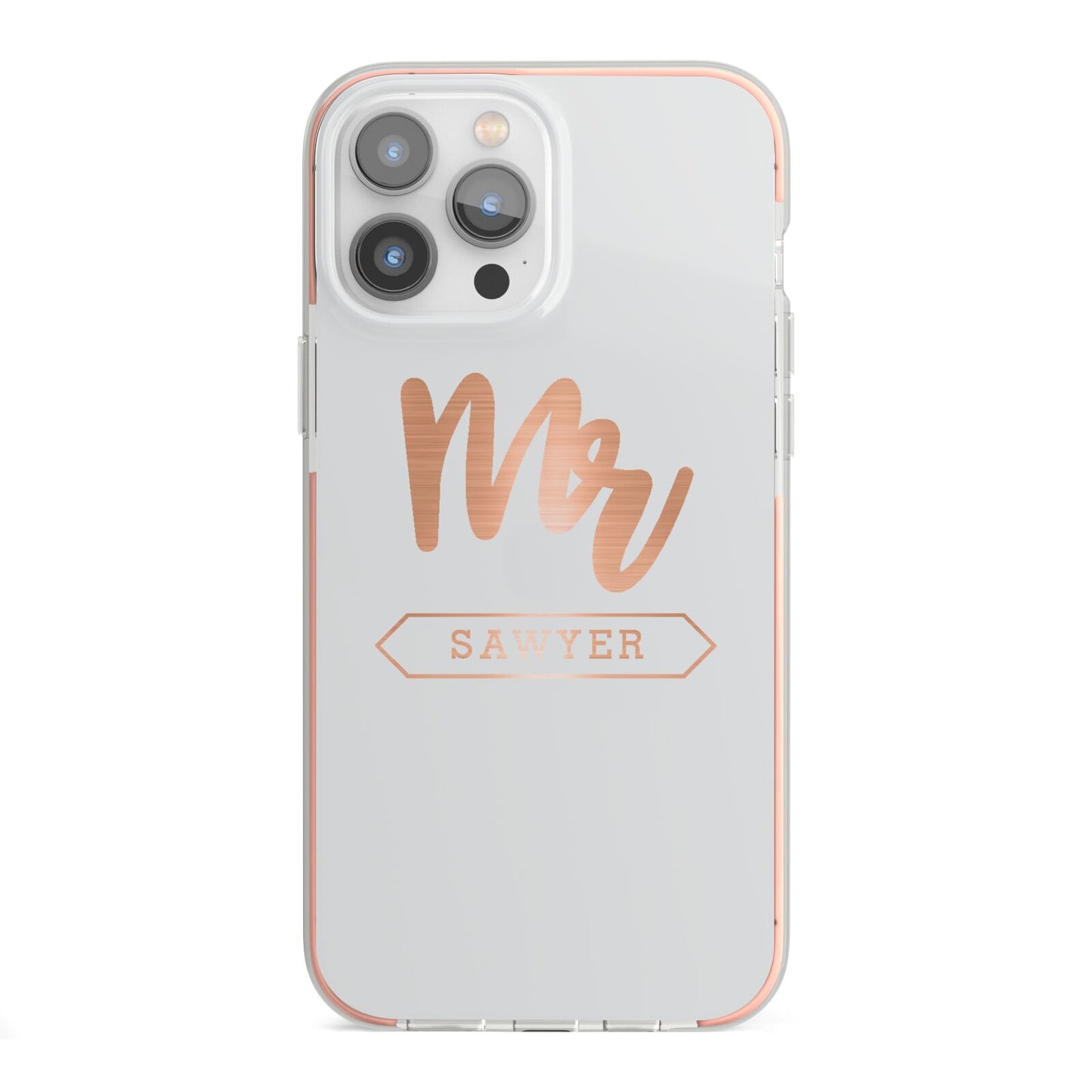 Personalised Rose Gold Mr Surname On Grey iPhone 13 Pro Max TPU Impact Case with Pink Edges