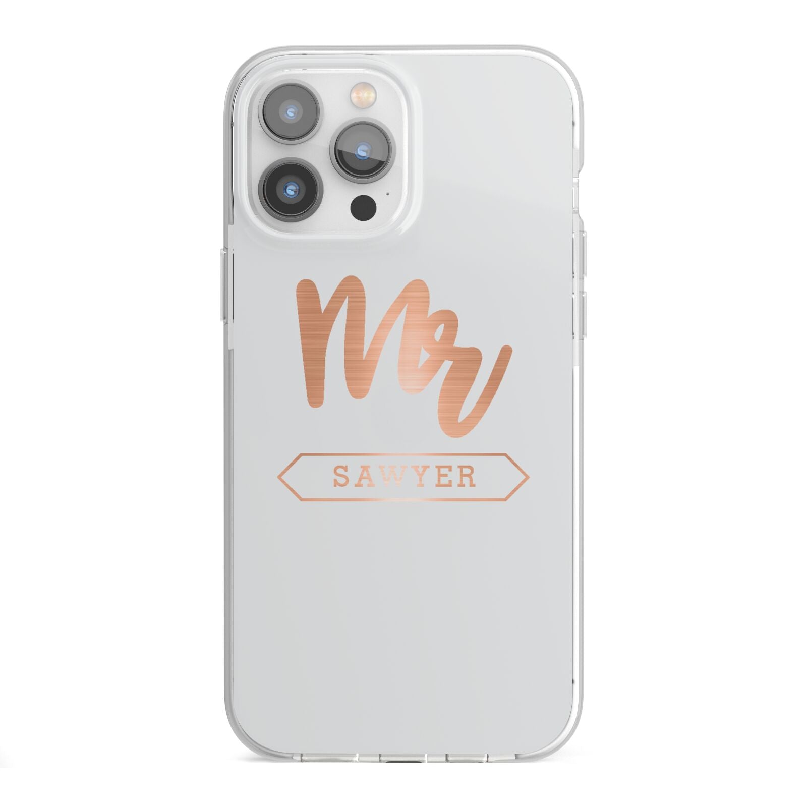 Personalised Rose Gold Mr Surname On Grey iPhone 13 Pro Max TPU Impact Case with White Edges