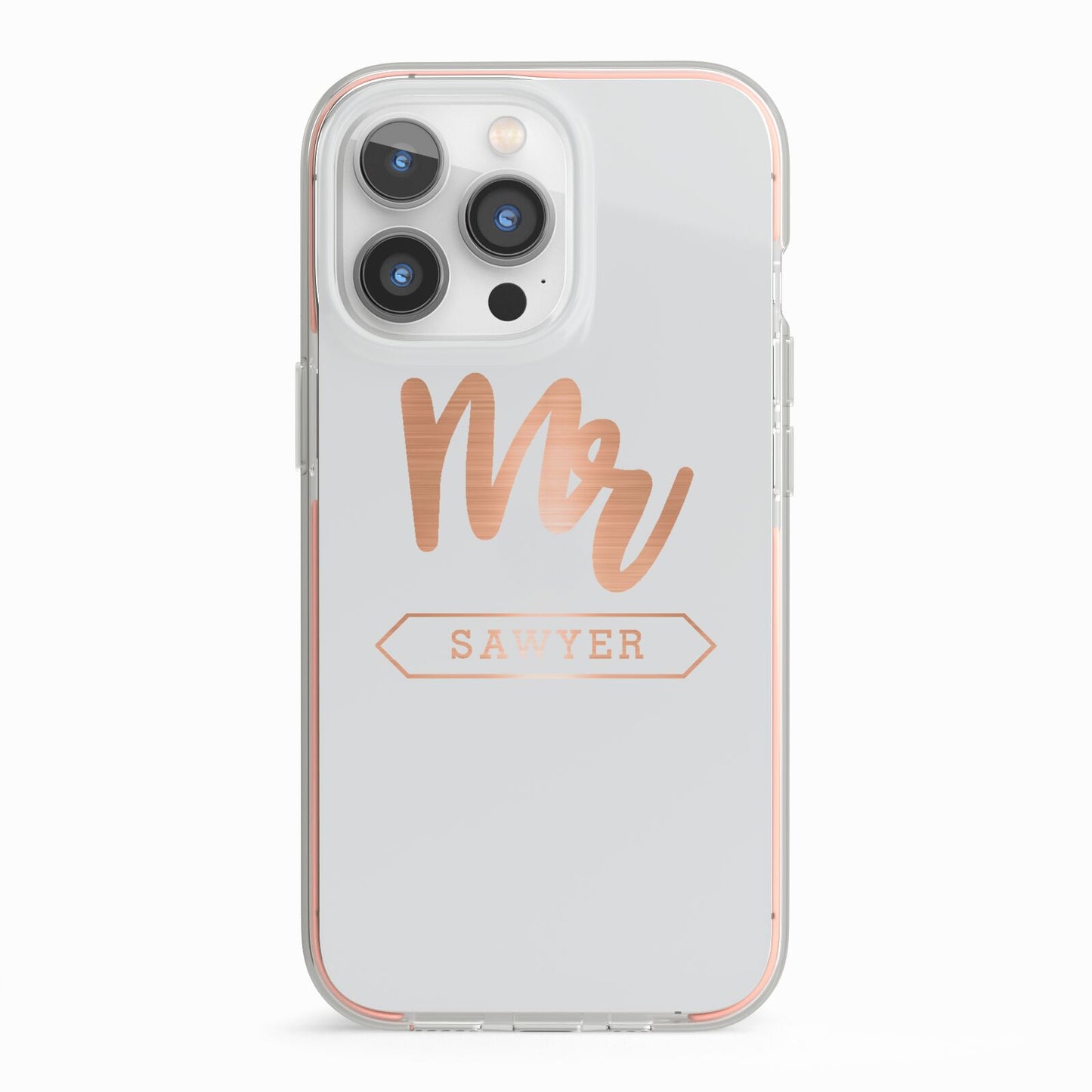 Personalised Rose Gold Mr Surname On Grey iPhone 13 Pro TPU Impact Case with Pink Edges