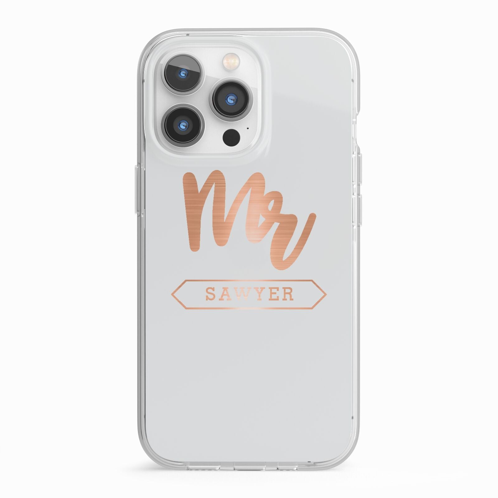 Personalised Rose Gold Mr Surname On Grey iPhone 13 Pro TPU Impact Case with White Edges